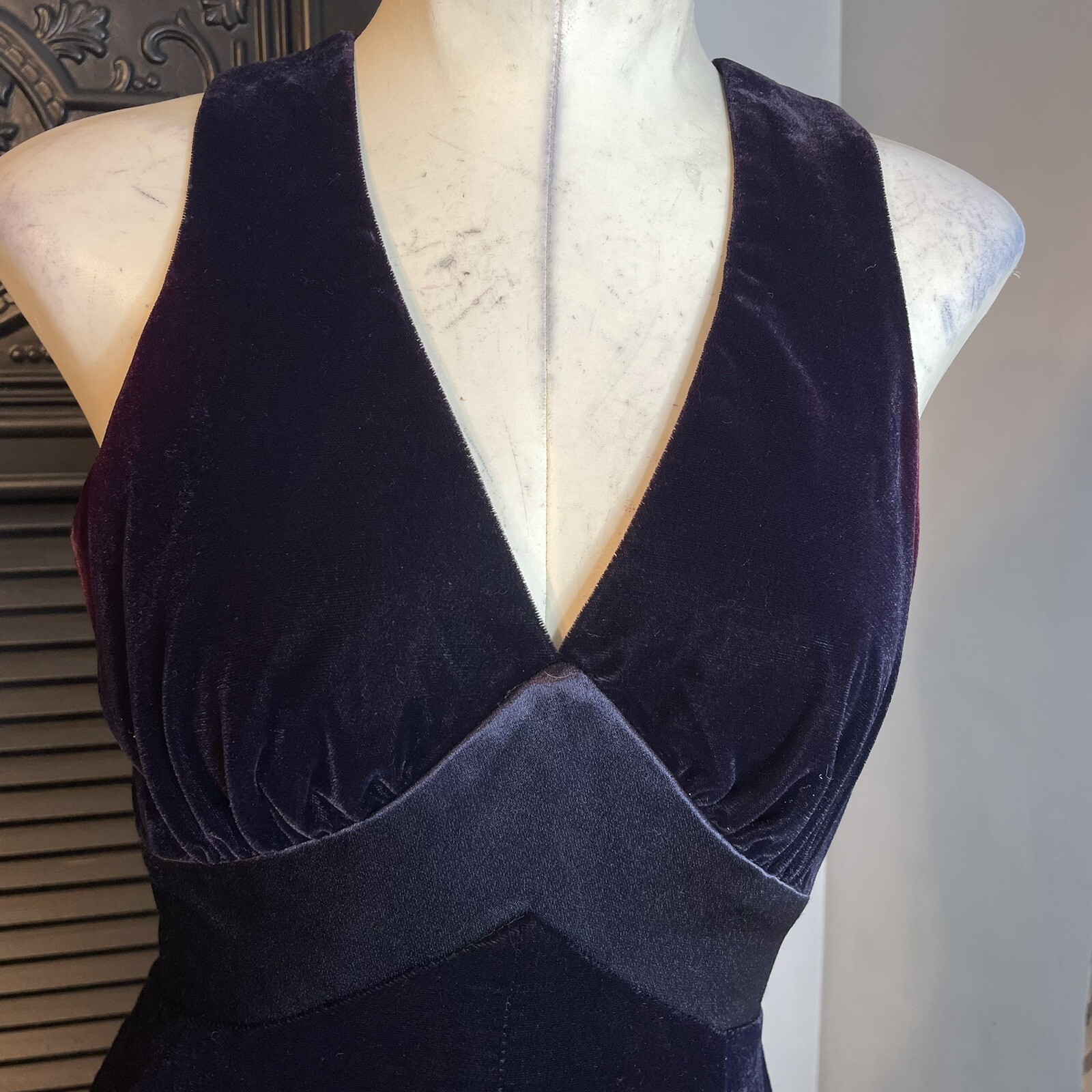 90s Vintage De Laru Linda Bernell Velvet Gown Front Slit Bow Rhinestone 5/6