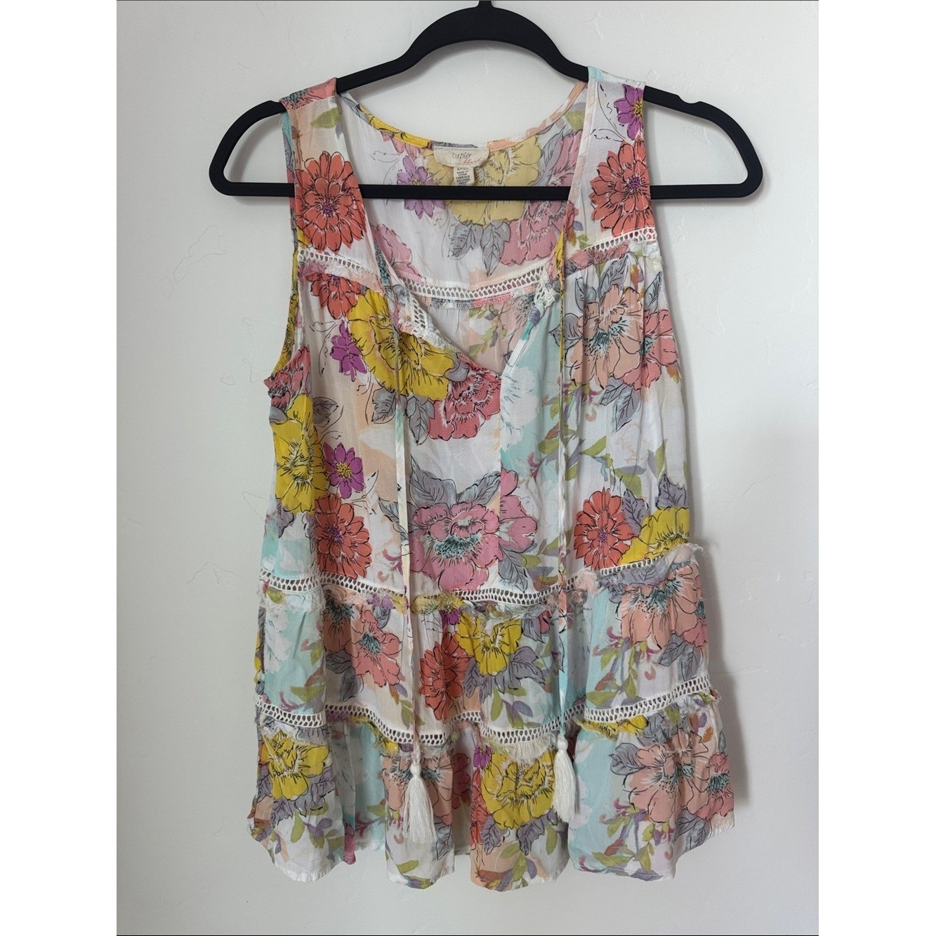 Cupio Floral Tiered Sleeveless Tank Top Boho Peasant Tassel Pink Retro Blouse S