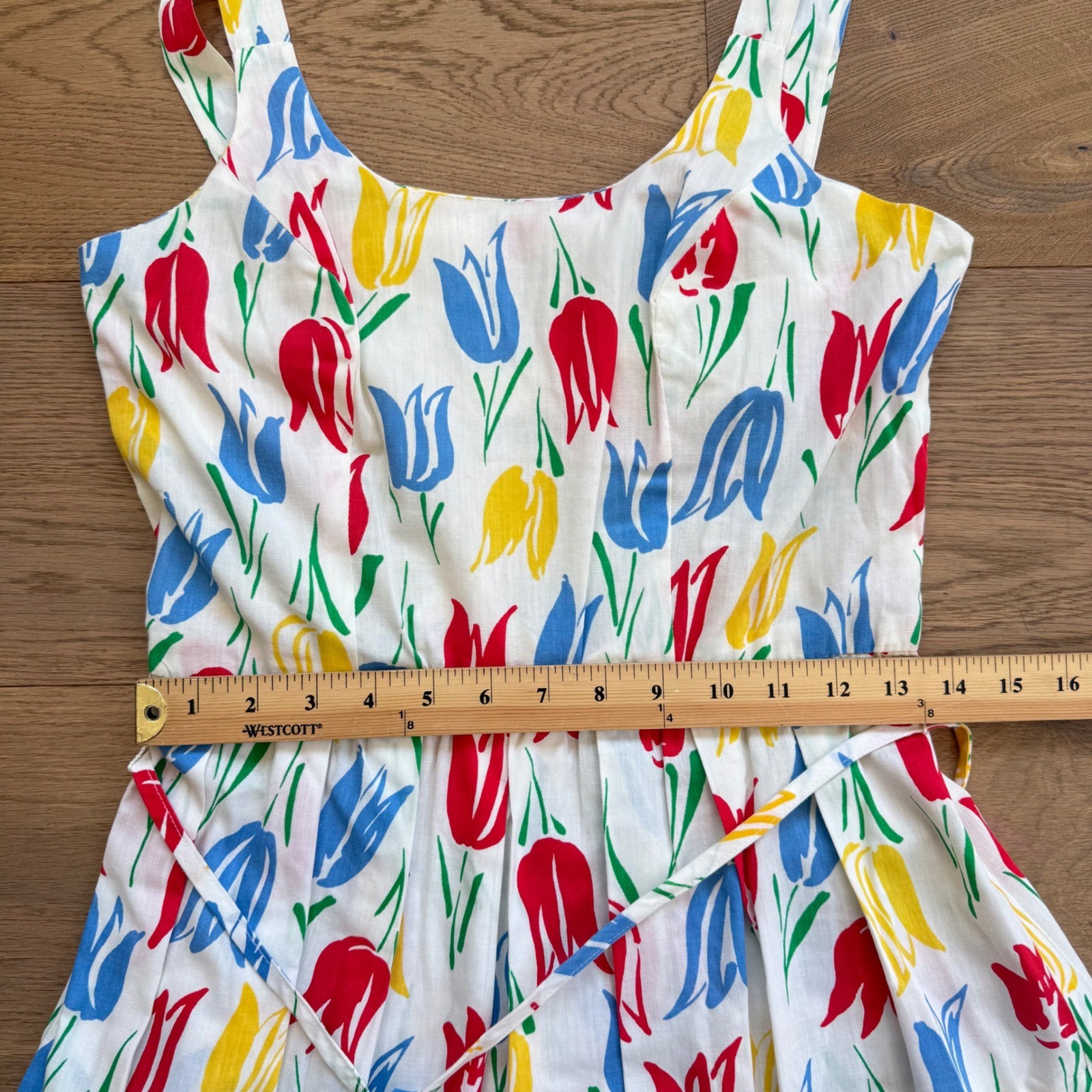 Vintage Dash-About Tulip Floral Sundress White Red Blue Yellow Midi Smocked Back