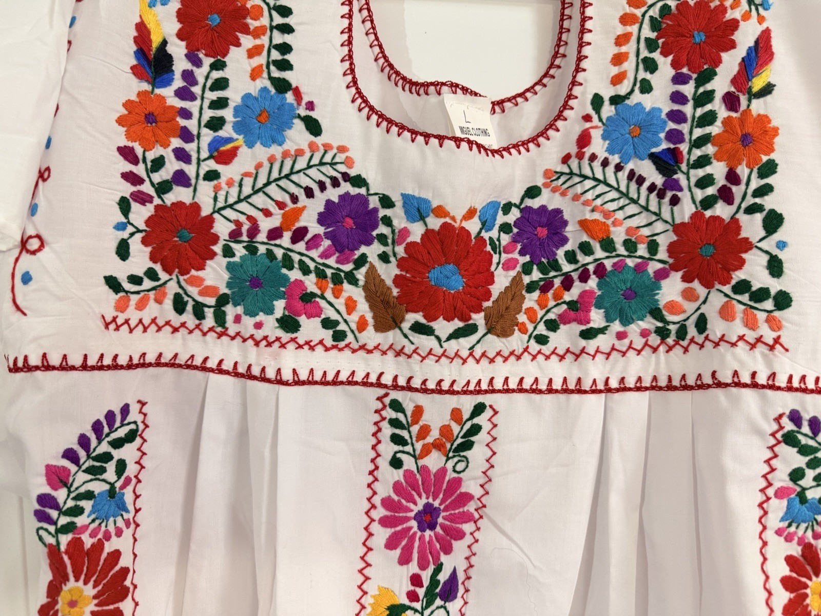 Mexican Oaxaca White multi colored EMBROIDERED DRESS Large boho sundress Cotton