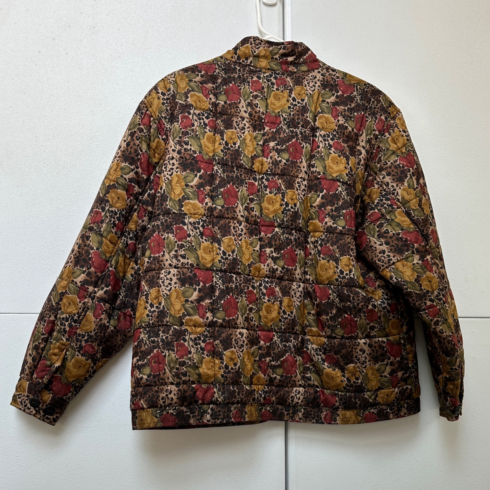 VTG 90s Anna and Frank Silk Quilted Jacket Large Leopard Floral Puffer Coat Warm