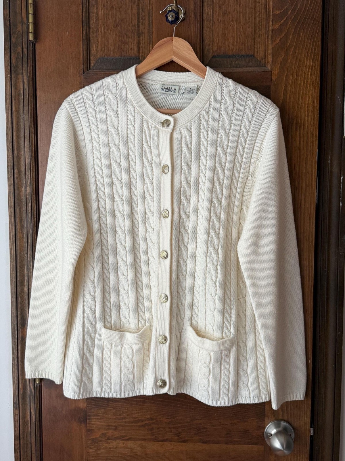 Vintage 90s Classic Elements Ivory Cable Knit Cardigan Sweater Size Large