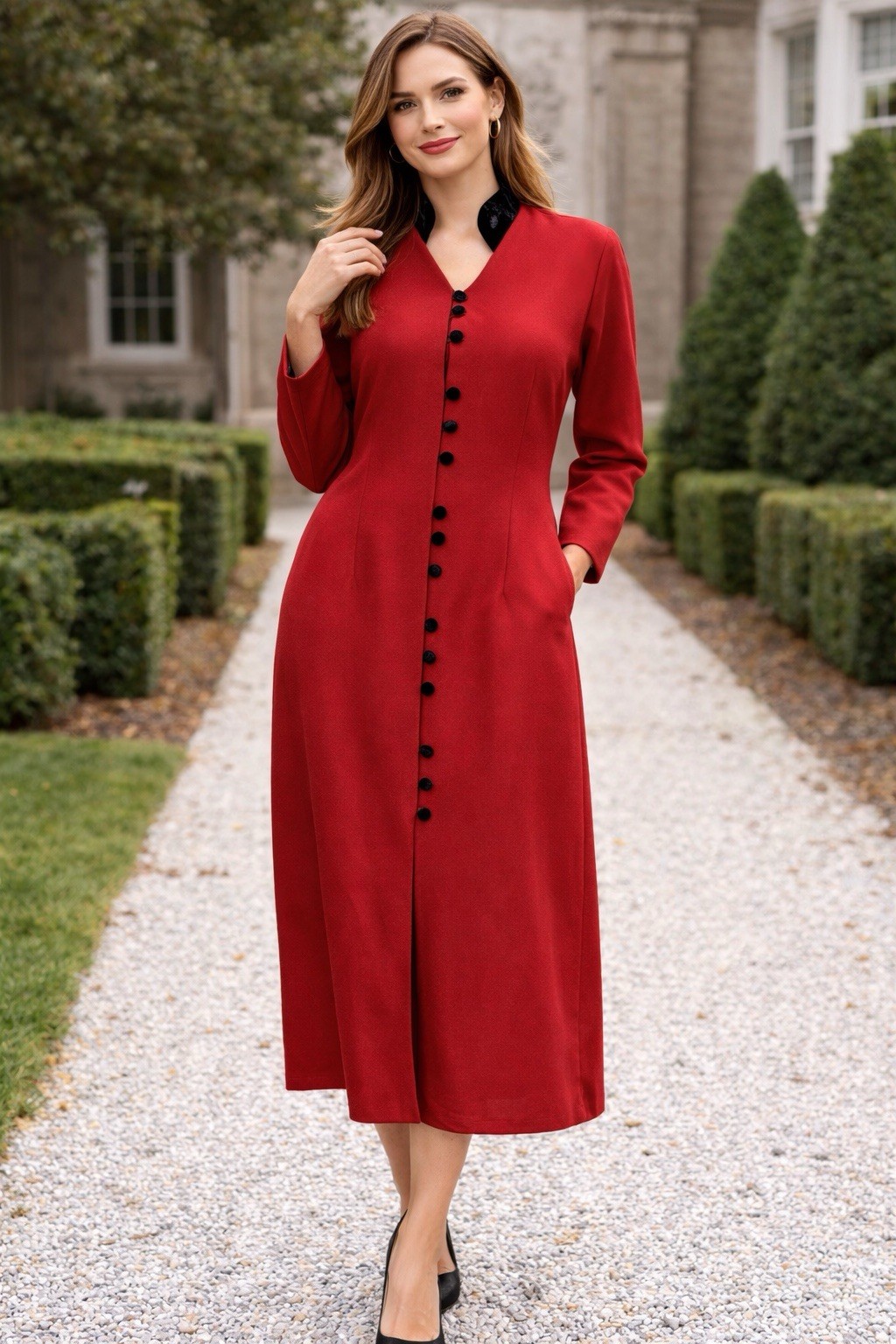Vintage Red Midi Dress Black Velvet Collar Buttons 80s Power Dress Size Large