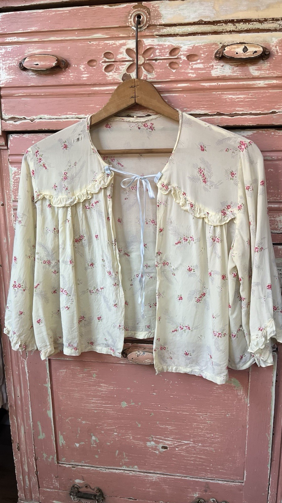 40s 50s Antique Vintage Rayon Floral Cottagecore House Jacket Ruffle Blouse S/M