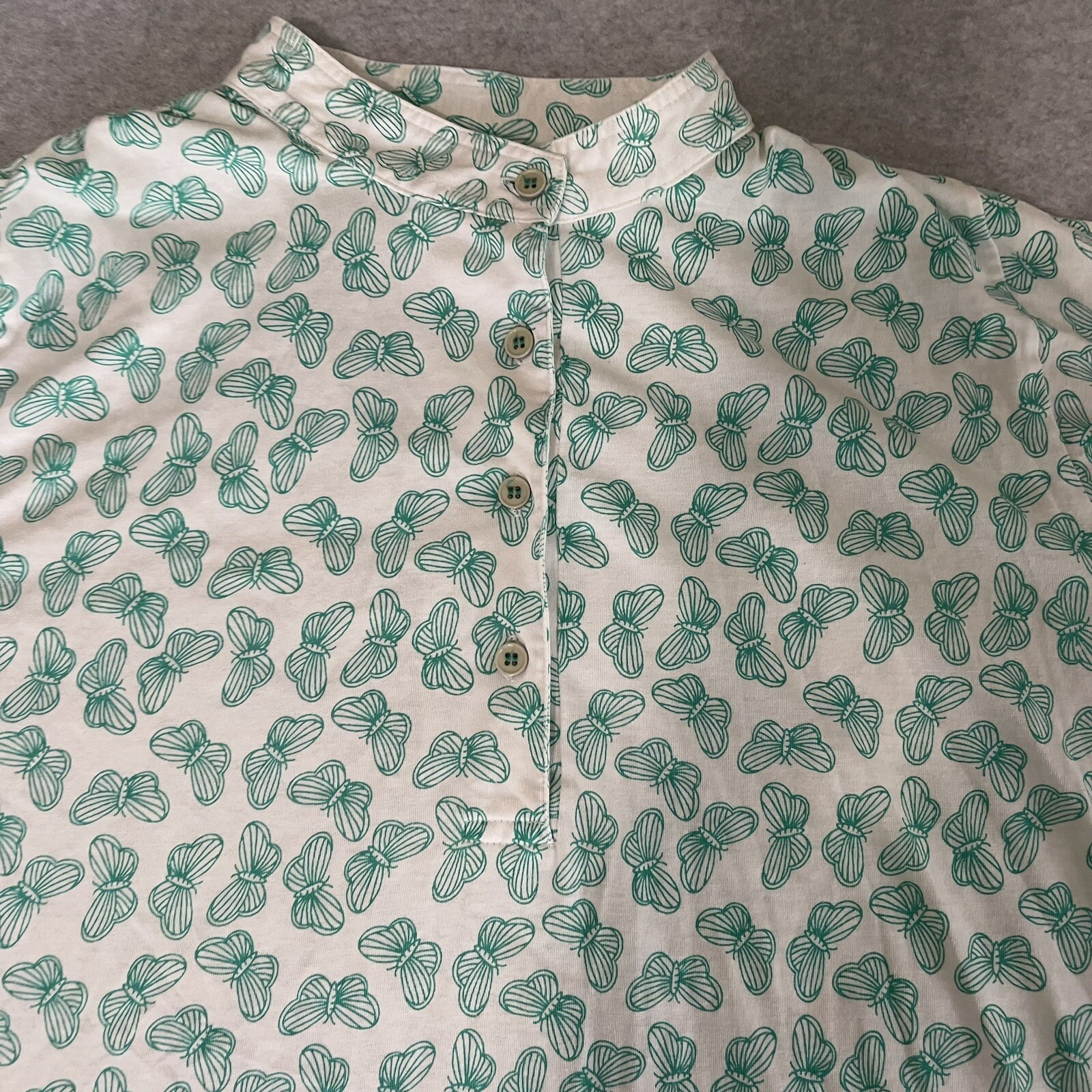 Vintage Barry Ashley Butterfly Women 40 Large T-Shirt White Teal Button Y2K