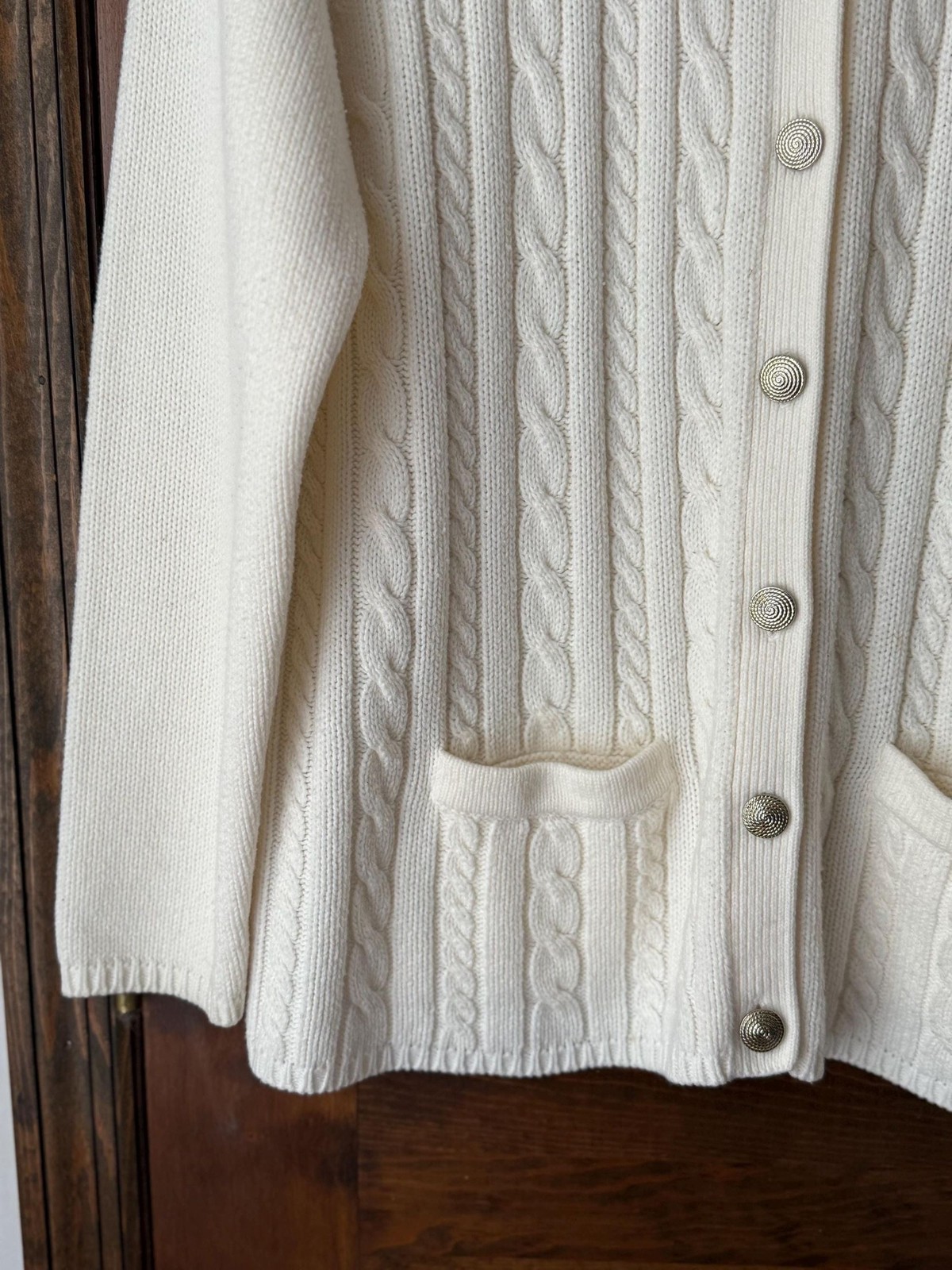 Vintage 90s Classic Elements Ivory Cable Knit Cardigan Sweater Size Large