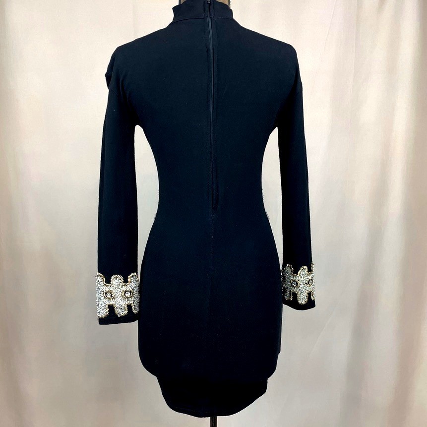Vintage Womens (S/M) 90s Beaded Bodycon LBD Cocktail Dress Mini Mobwife McBling