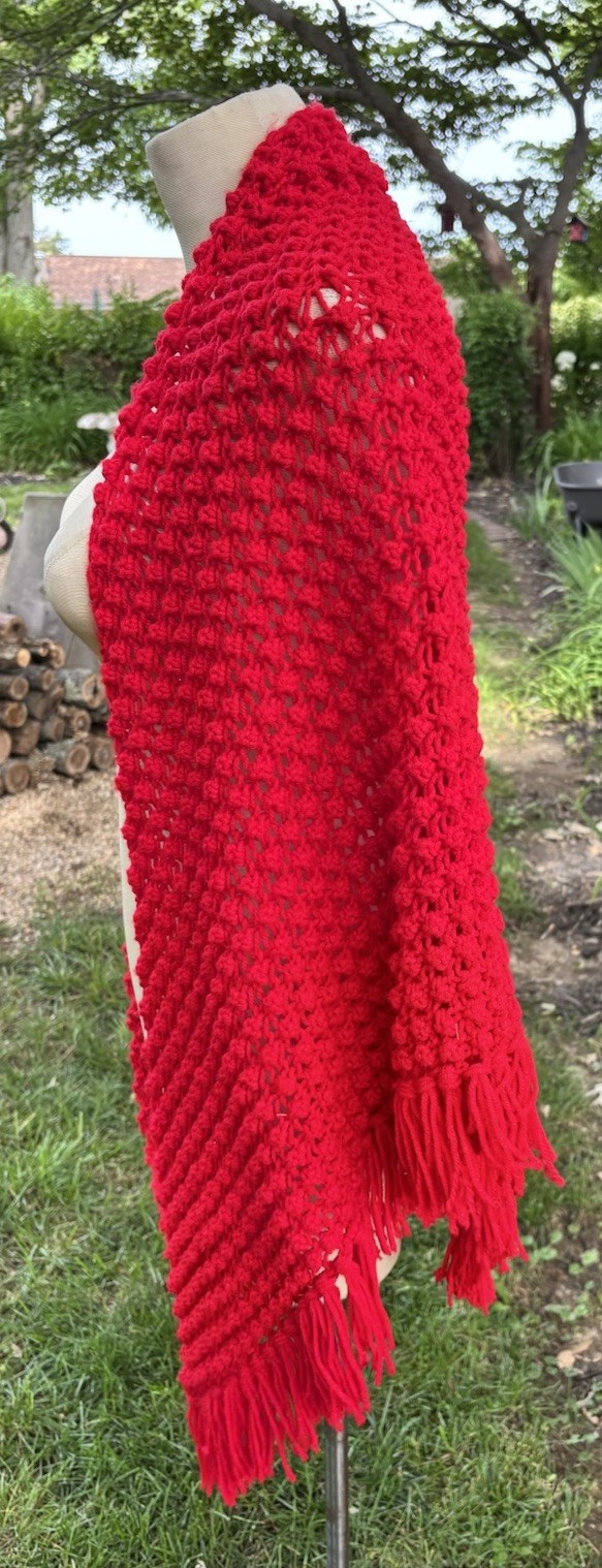 VTG Retro Shawl Boho Mod Handmade Crochet RED Poncho Wrap Fringe 40×80″