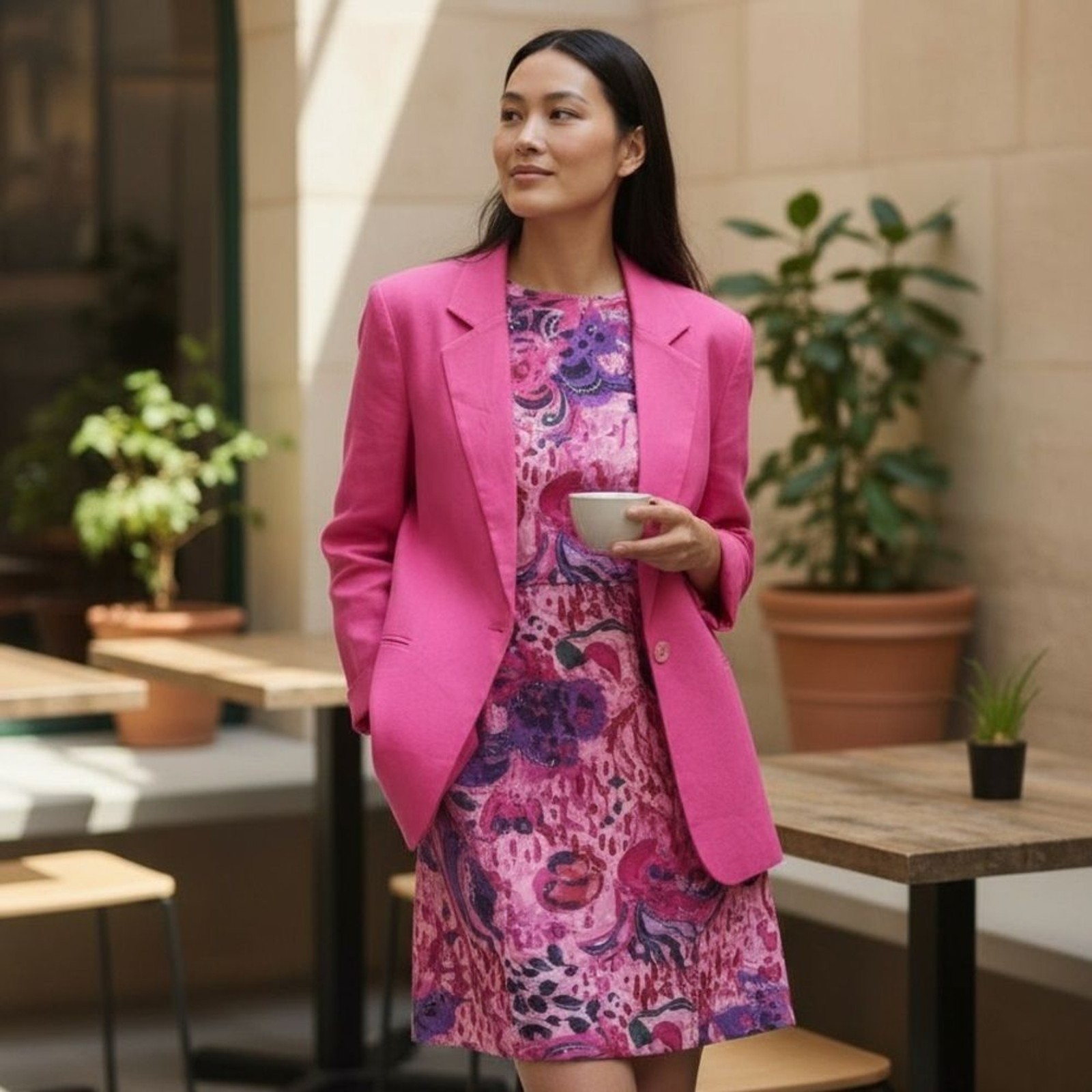 Diane Gilman Vibrant Pink floral sequined dress & Blazer 100% silk set Sz L
