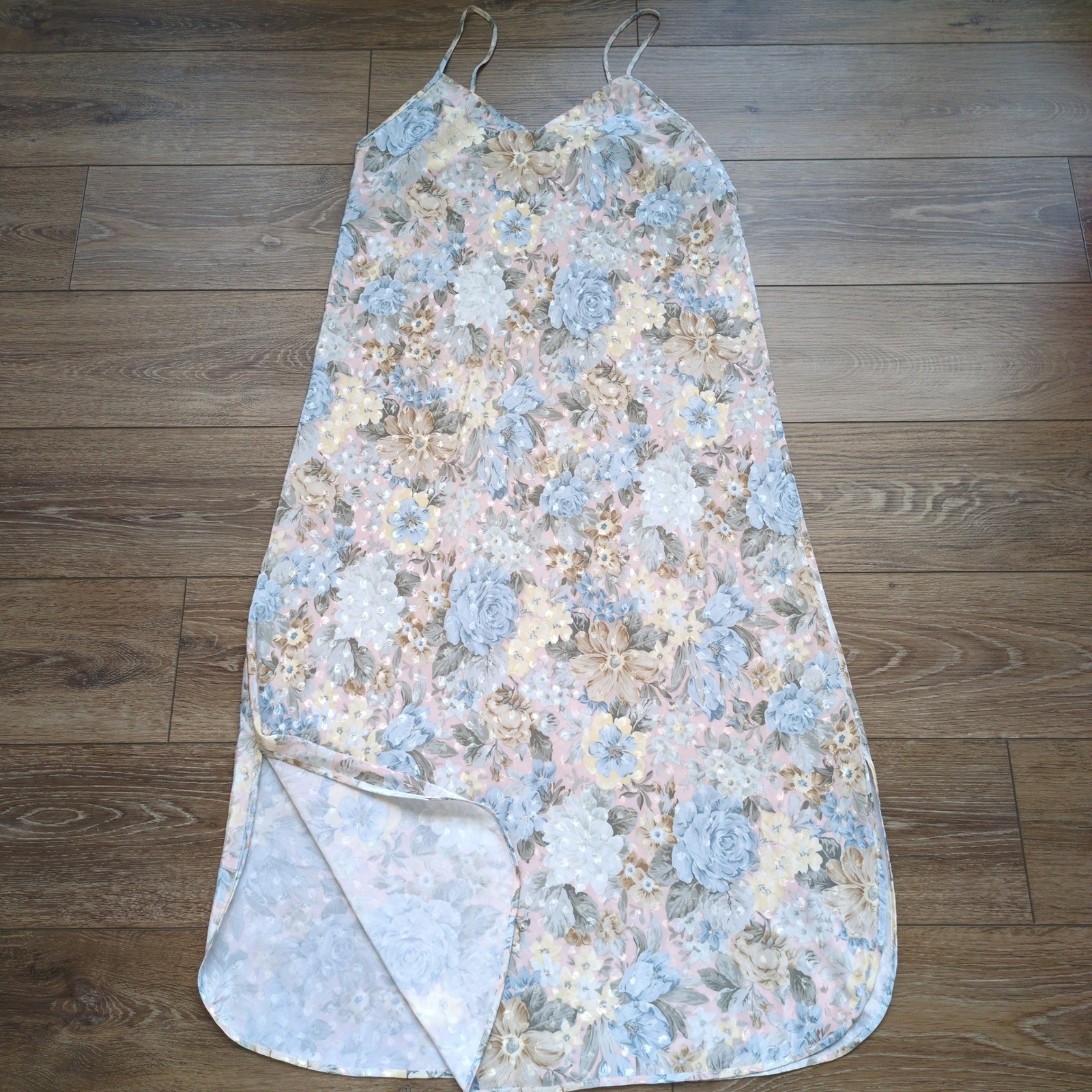 Vtg Diamond Tea Floral Nightgown Slip Dress Spaghetti Strap Side Slit Large