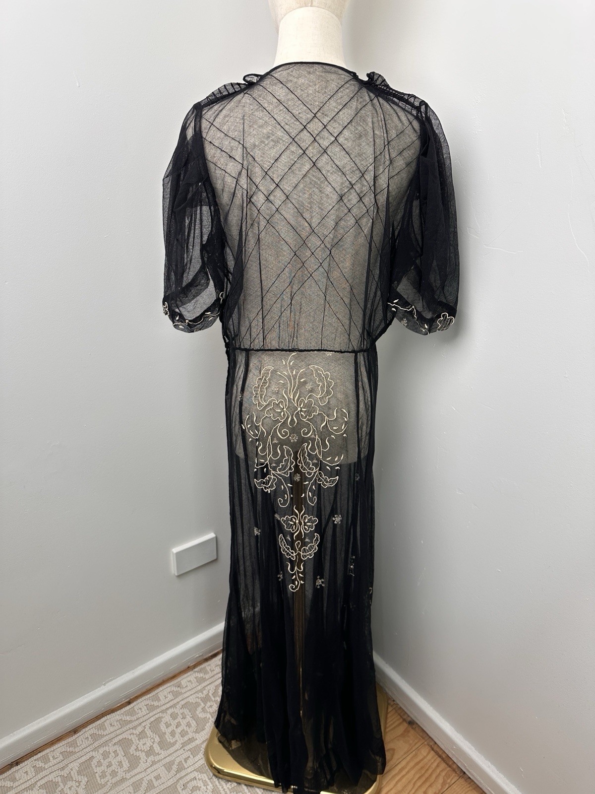 Edwardian Antique Size M 1910s 1920s Black Lace Dress Embroidered Netting Sheer