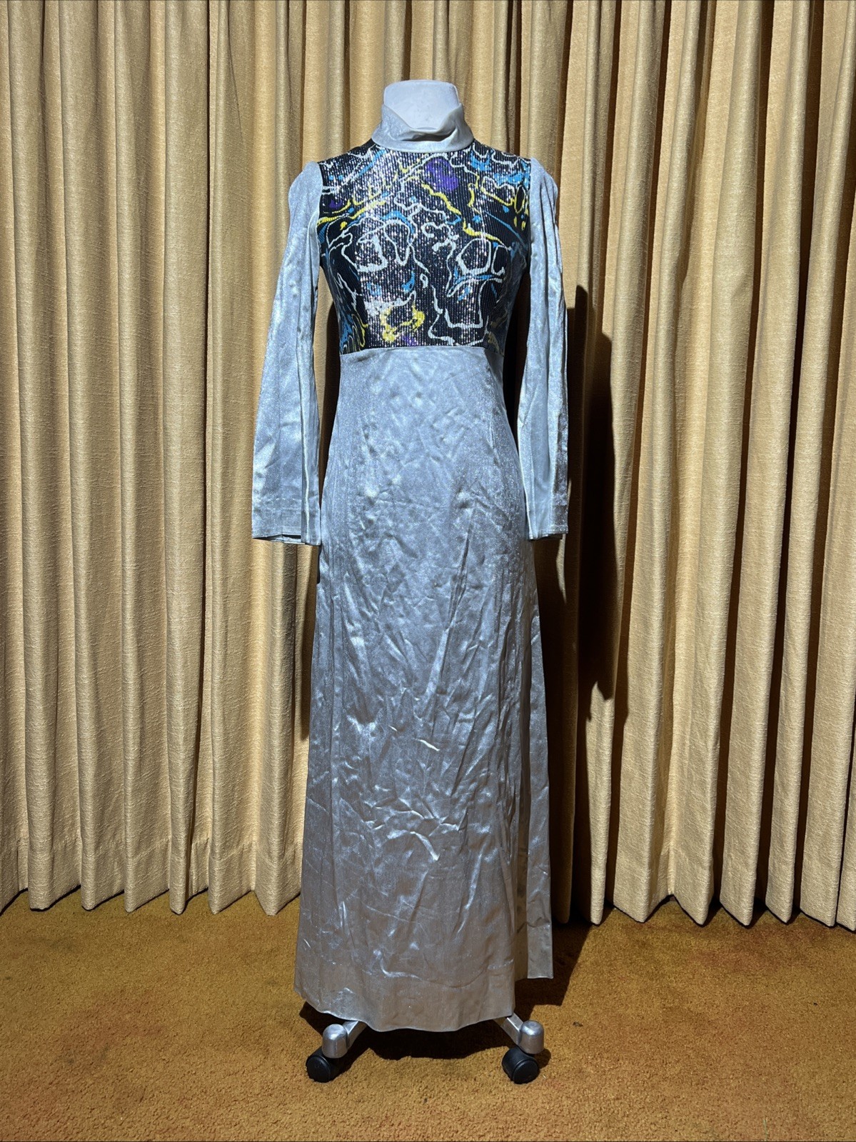 Vtg 1960s Liquid Silver Psychedelic Space Age Disco Maxi Dress With Bell Sleeves