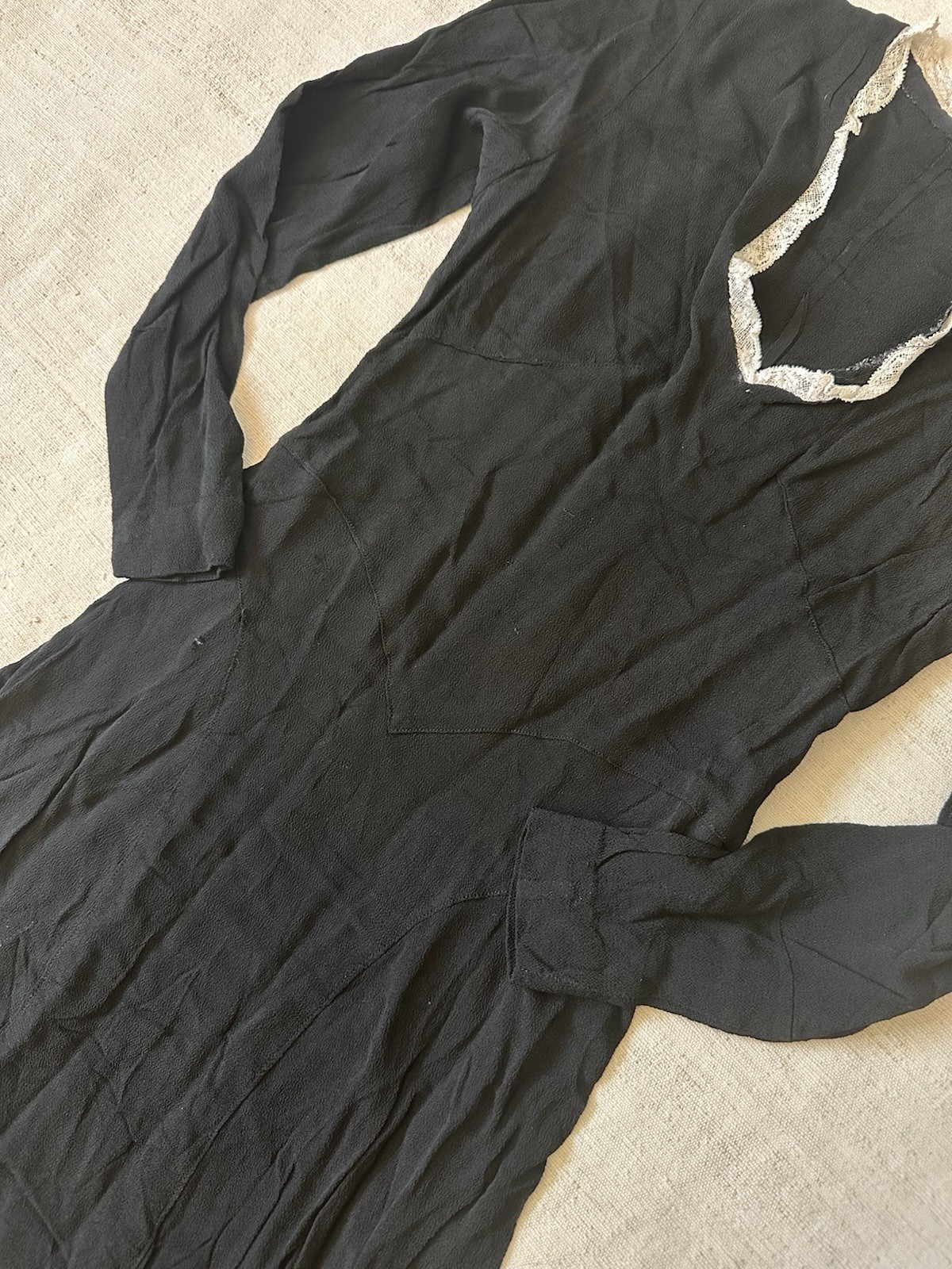 1930s Antique Vintage Handmade French Bias Cut Silk Crepe Black Dress XXS XS
