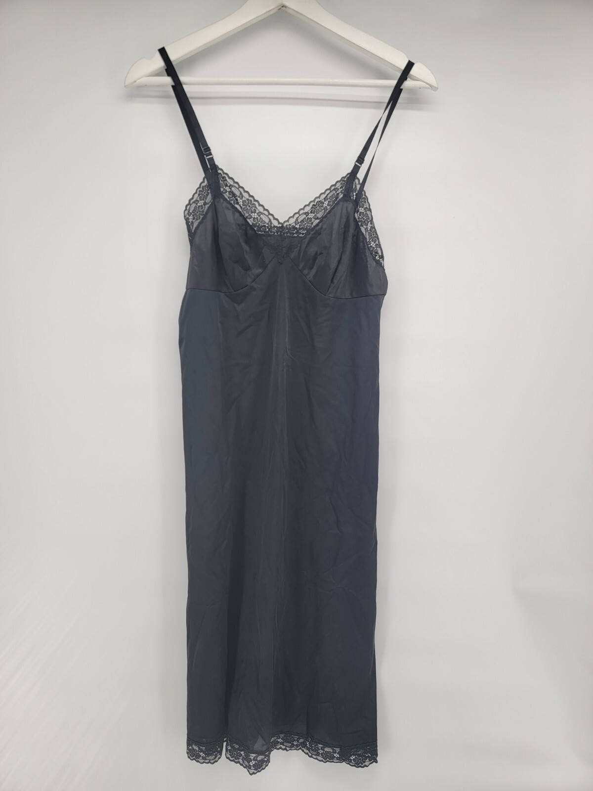 Womens Vintage Vanity Fair Black Slip Dress Size 32 L Lace Semi Sheer