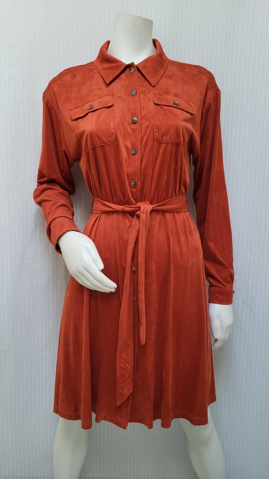 Vintage CALVIN KLEIN Orange Ultrasuede Shirt Dress w/ Tie Belt – Size M