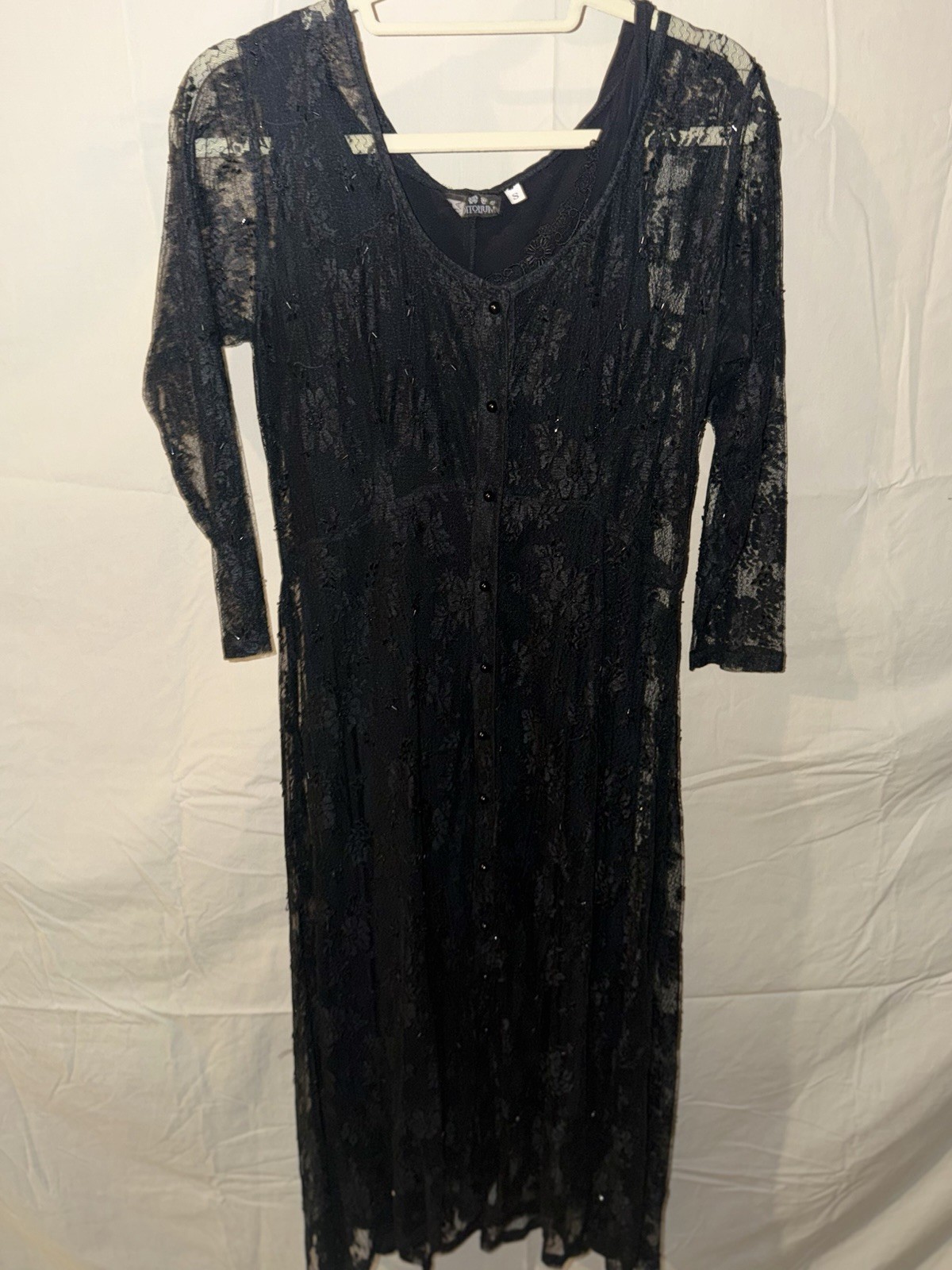 Vintage Auditorium 90s Black Lace Button-Front Overlay Dress With Slip