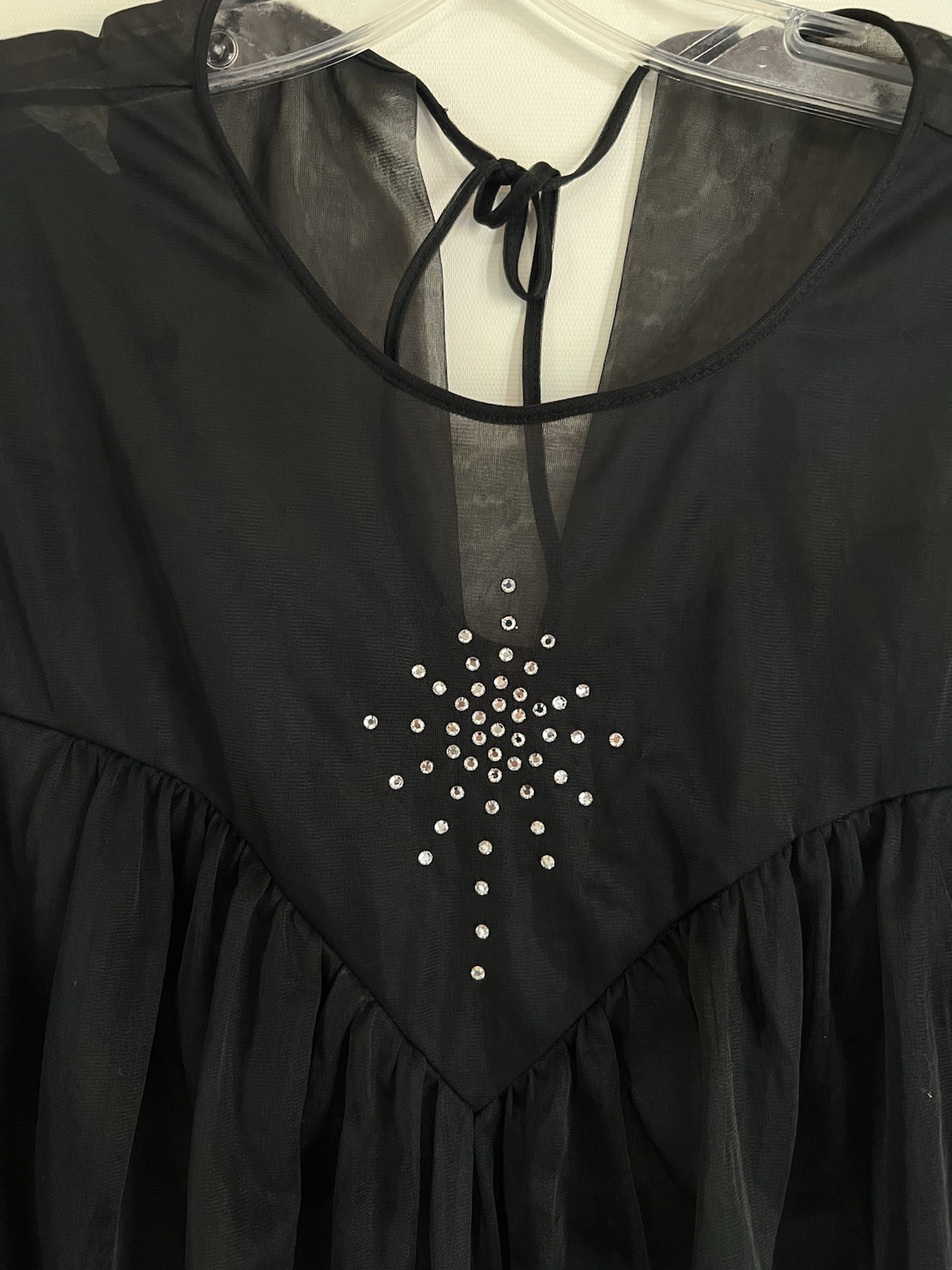 Vintage Sexy Black Sleeveless Sheer Overlay Knee-Length Baby Doll Nightgown L