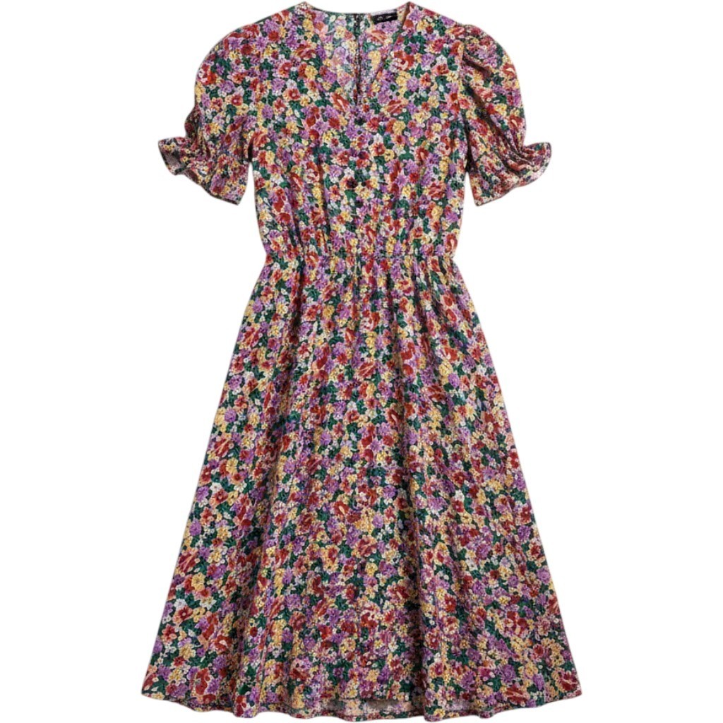 Impromptu Vintage Floral Button cottagecore Midi Dress Short Ruffle bow Sleeve