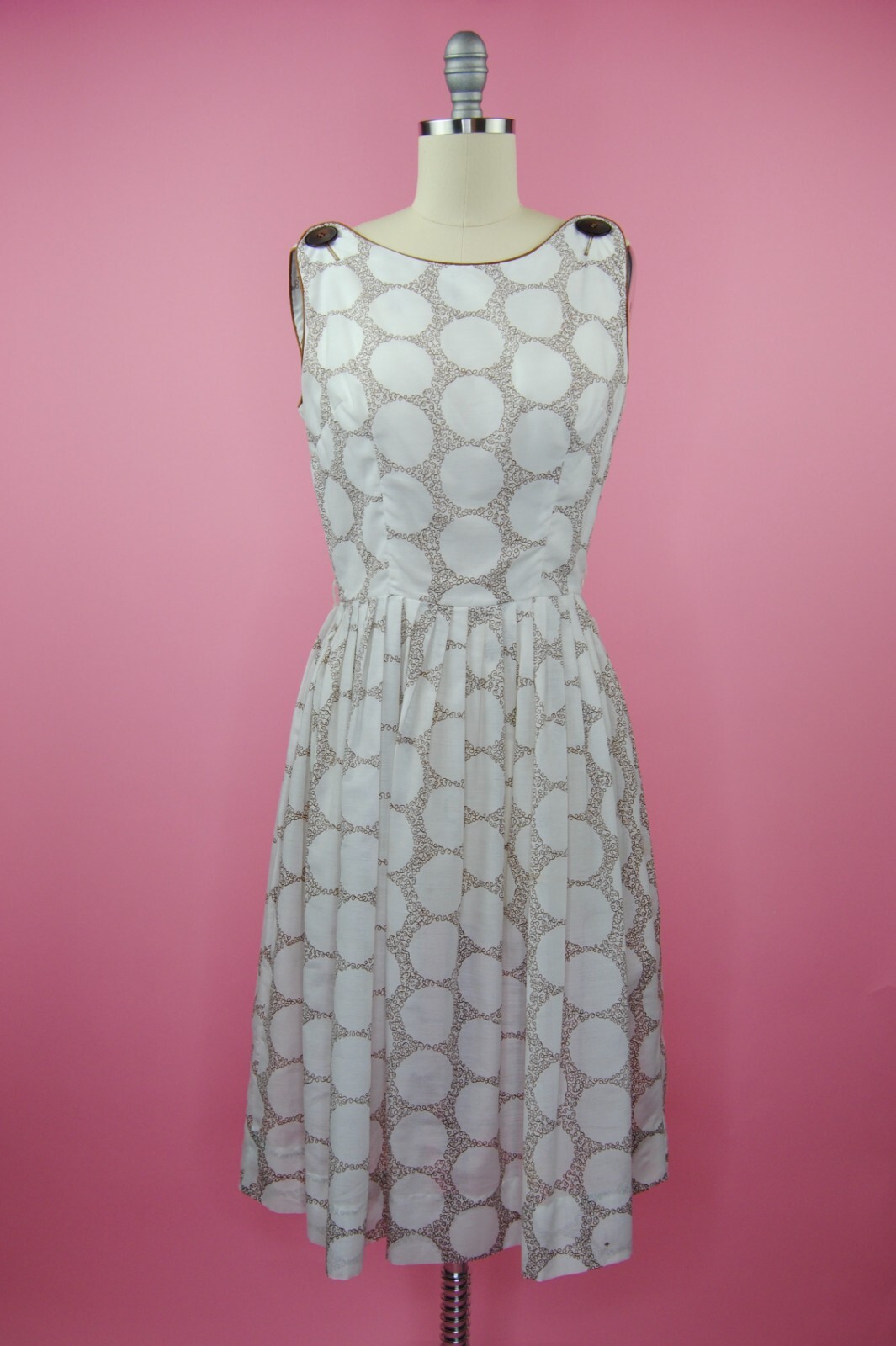 1950s Vintage Betty Barclay Creamy White and Brown Summer Fit Flare Dress – S