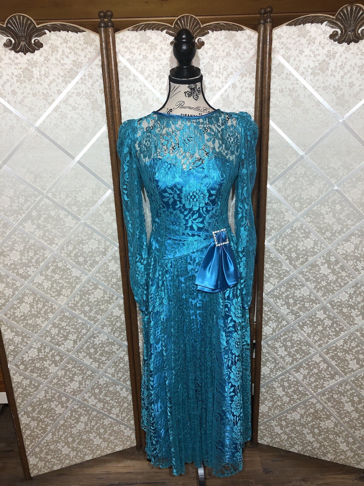 Vintage 80’s Lace Over Satin Teal Tea/Party Prom Dress Satin Bow Bling Sz 6 XS
