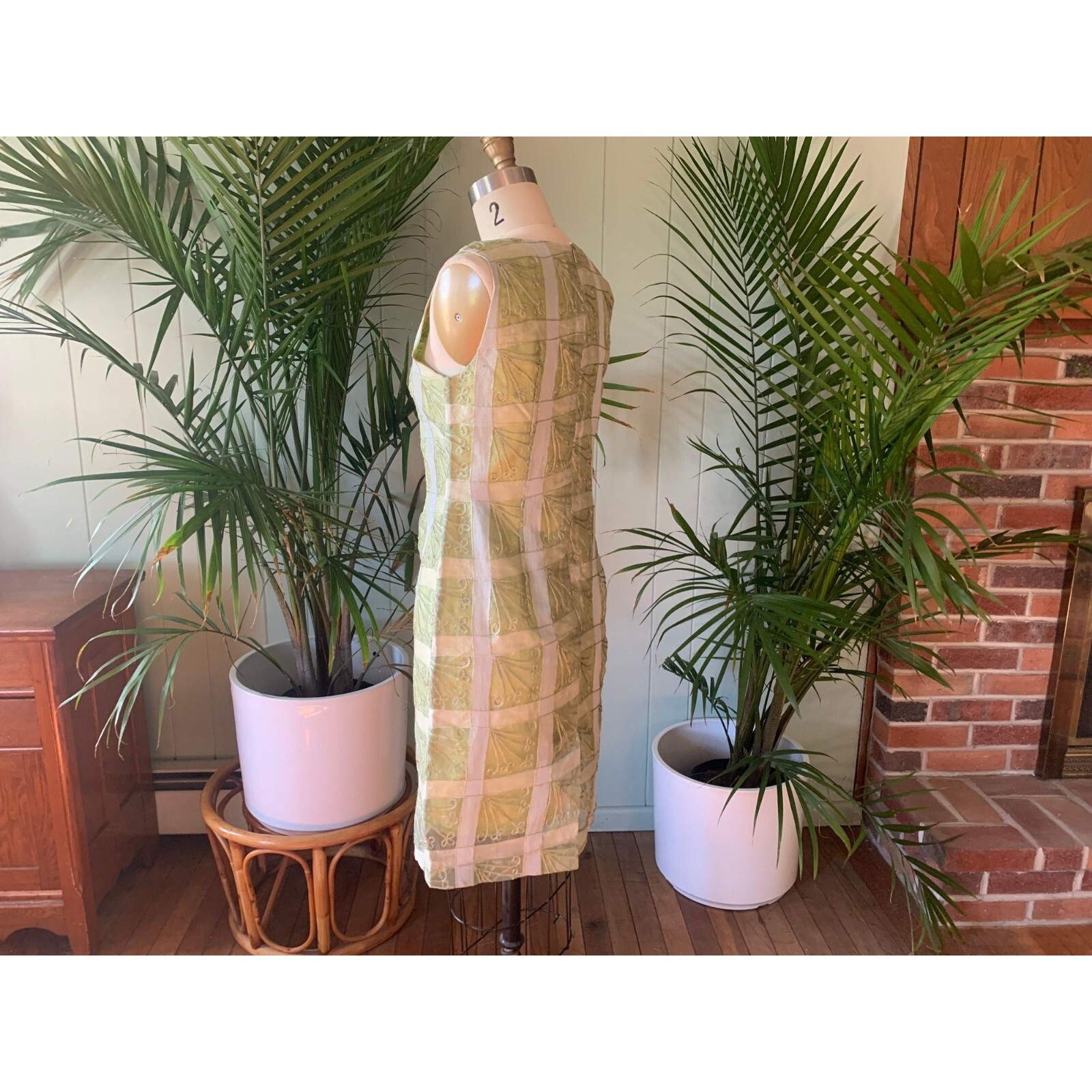 Vintage 1960s Chartreuse Green Silk Sheer Embroidered Organza Sheath Dress