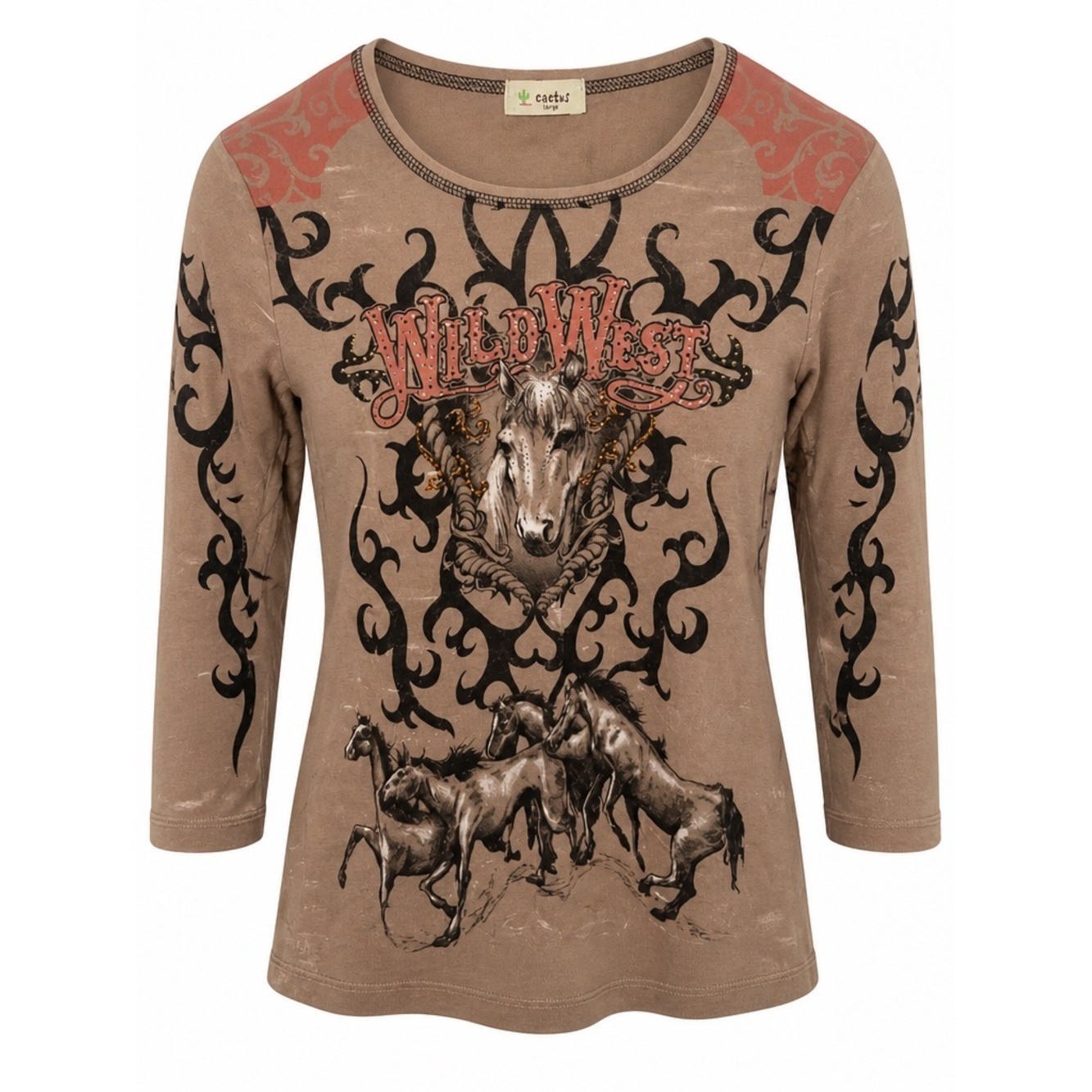 Vintage Y2K cactus fashion Brown long sleeve shirt with horse design