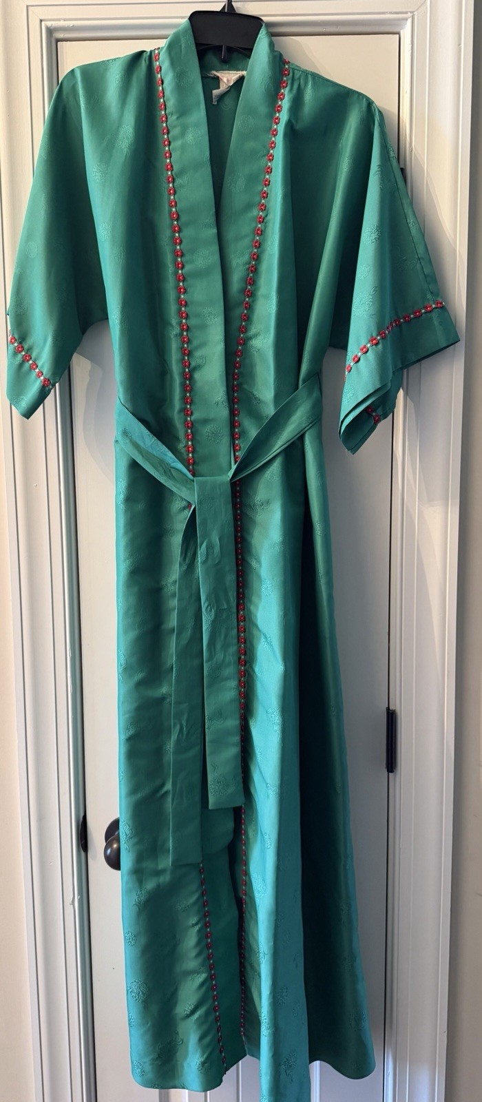 Vintage Chevette Long Green Robe Kimono Flower Trim Sz Small