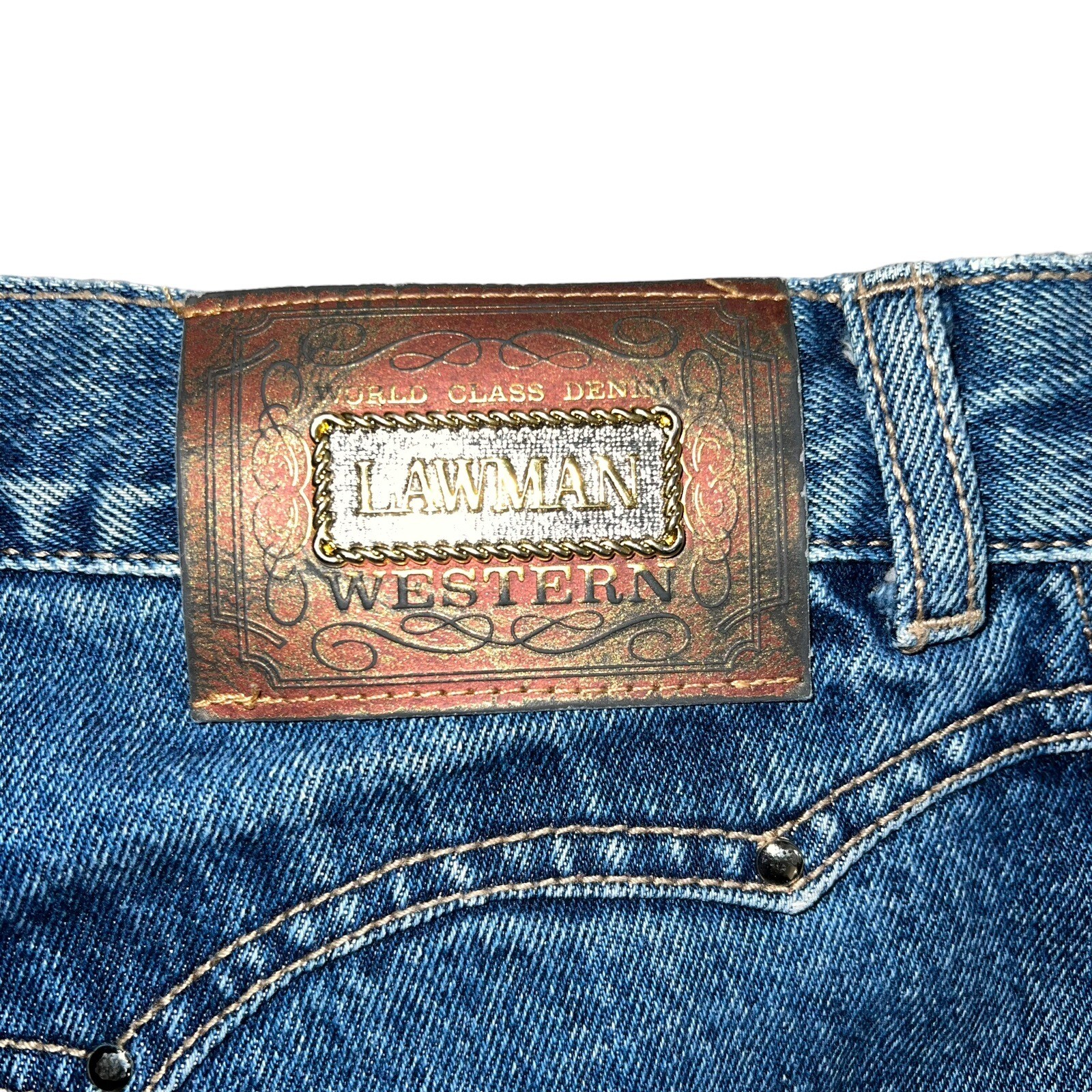 Vintage Lawman Western Jeans Dark Wash Straight Legs High Waist Pockets Size 13