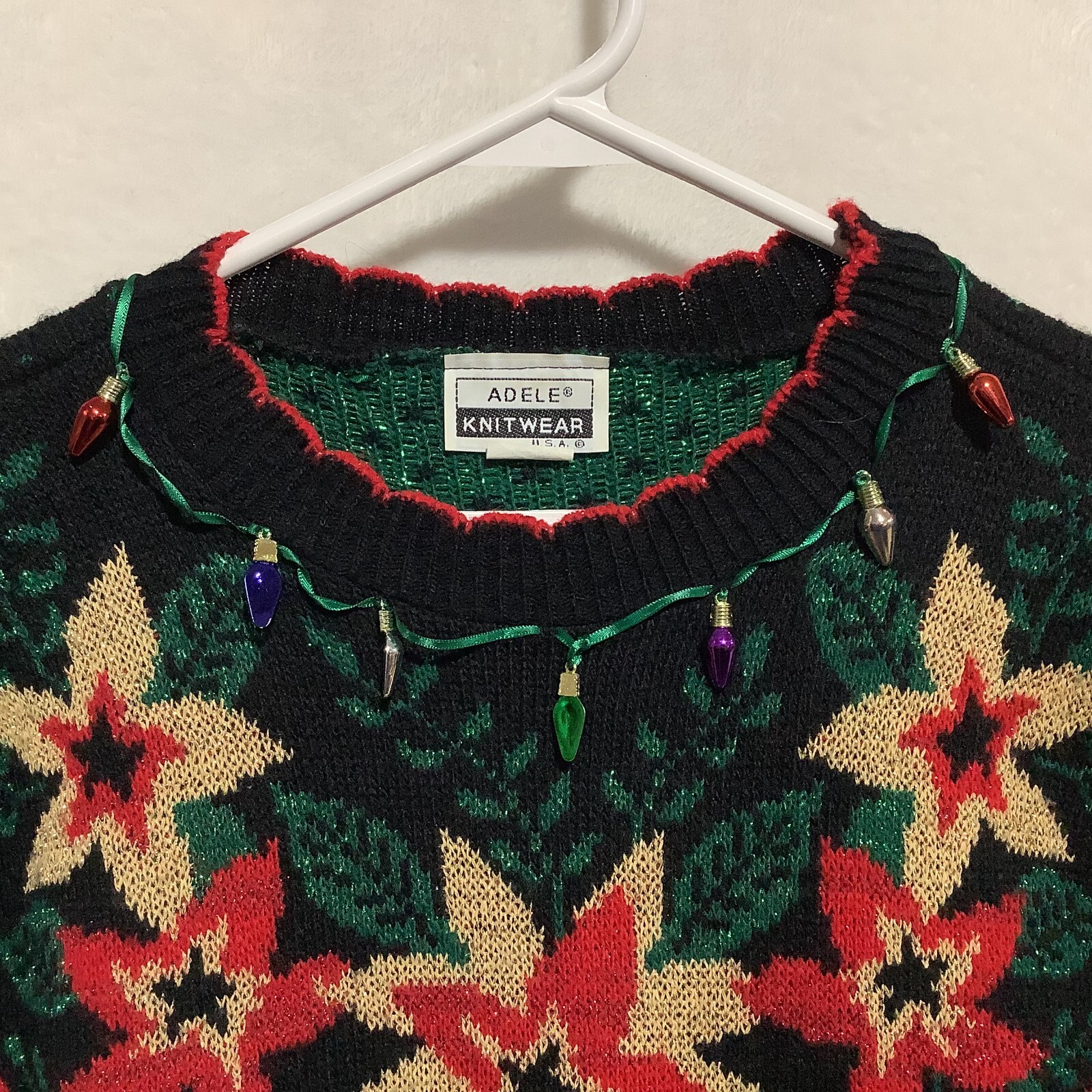 Adele Knitwear Sweater Poinsettia Glittery Christmas Holiday Party XL** USA Made