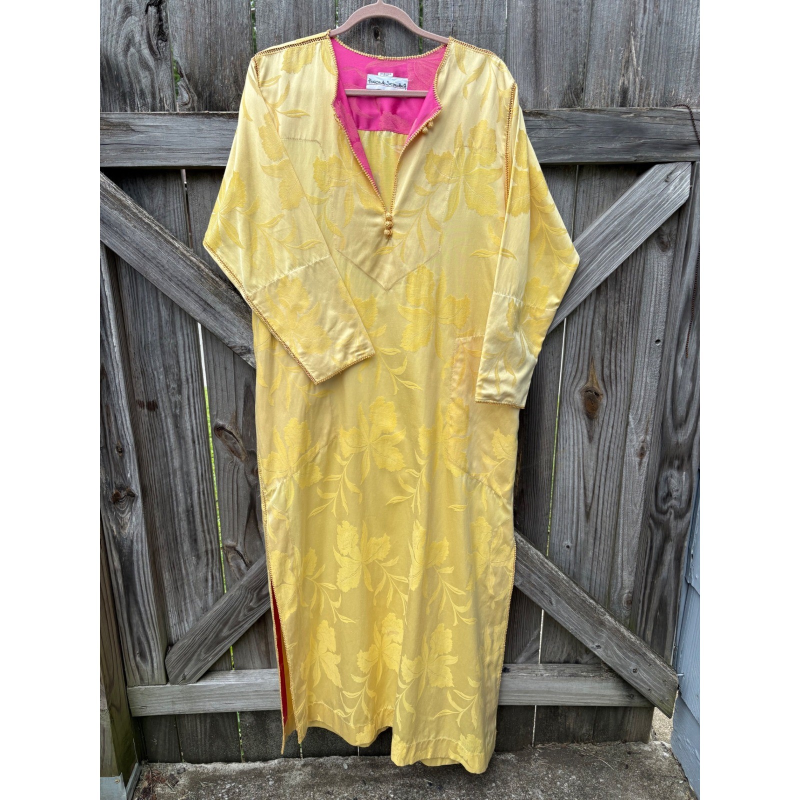 Vintage 100% Cotton Fernando Sanchez Kaftan Yellow Pink Floral Damask Robe Maxi