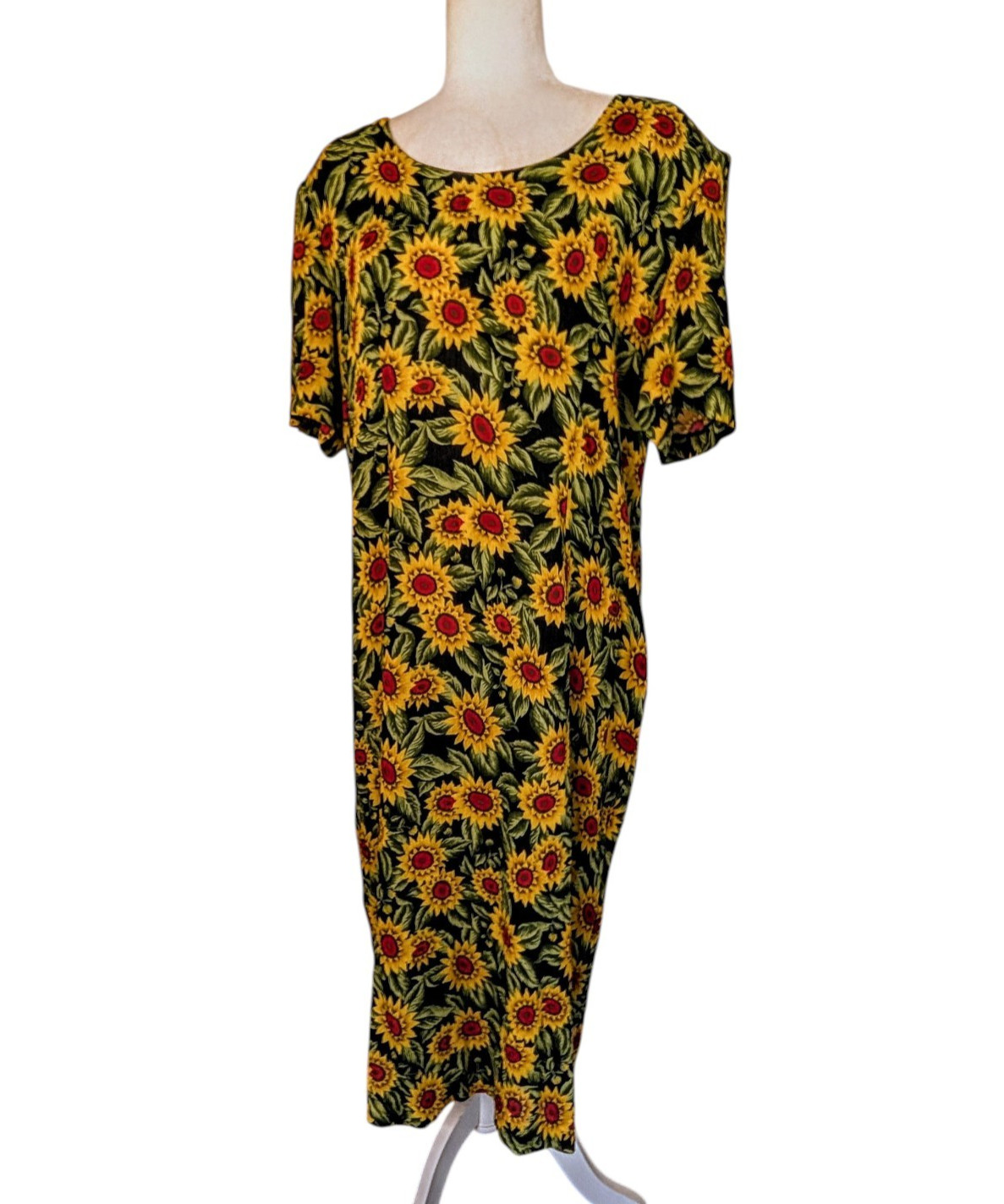 Vintage 90s Sunflower Midi Dress XL XXL 16 Lace Up Open Back Cottagecore Playful