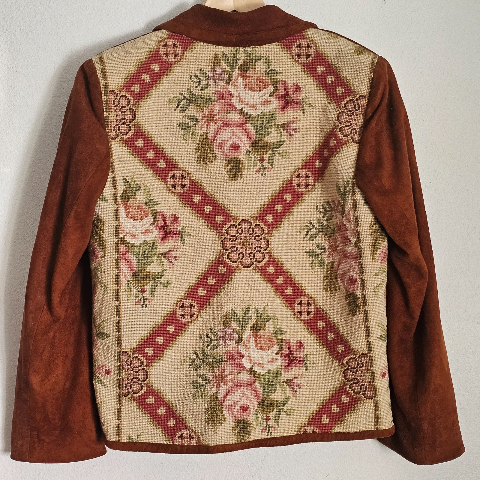 Vtg. BOUCHER Santa Fe Womens Suede Jacket Wool Floral Needle point Tapestry .925