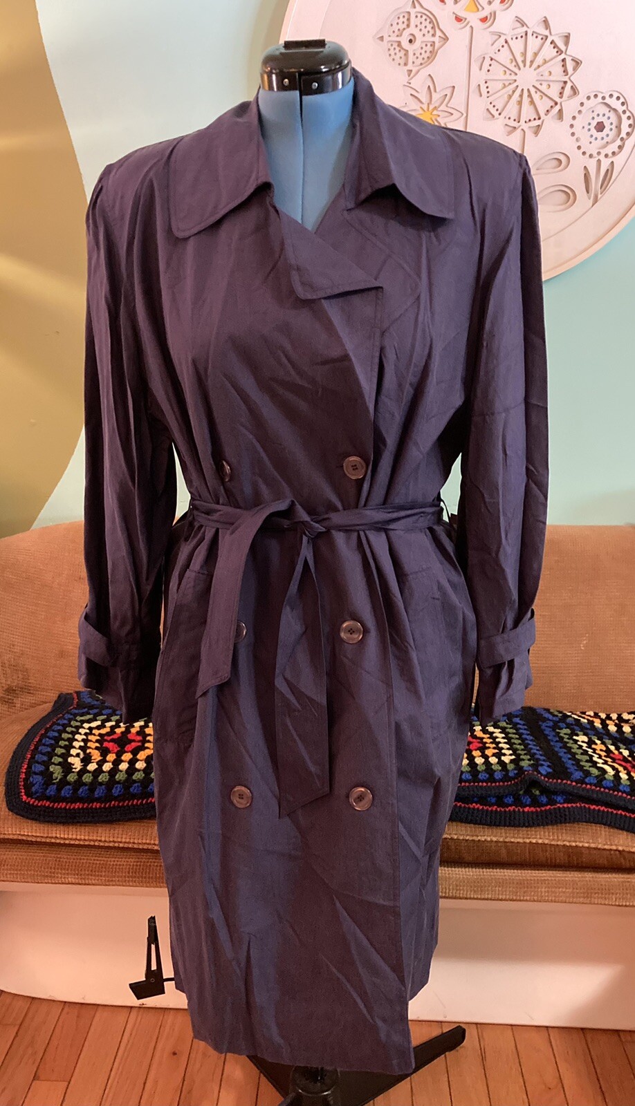 Vintage NOS 90’s Clifford & Wills Blue 100% Silk Trench Coat Sz. Large