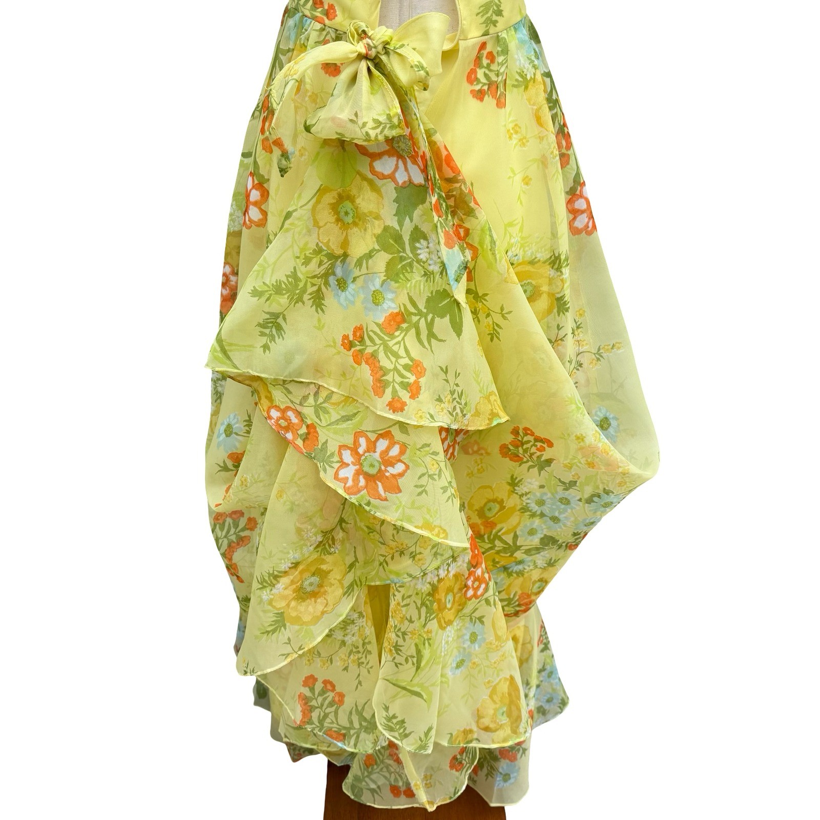 Vintage 70s Butter Yellow Floral Cottagecore Chiffon Ruffle Tiered Maxi Dress XS