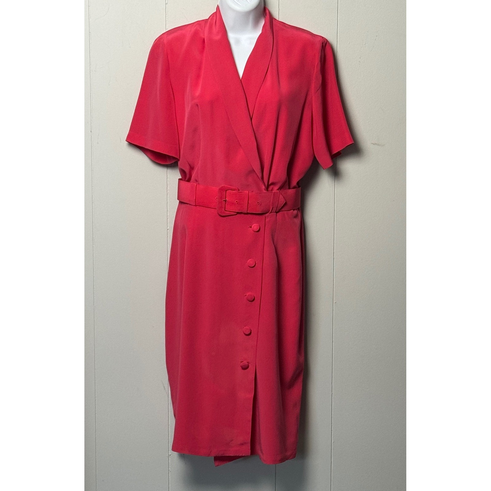 En Avance Vintage 100% Silk Fuchsia Pink Belted Midi Dress Shawl Collar Size 6
