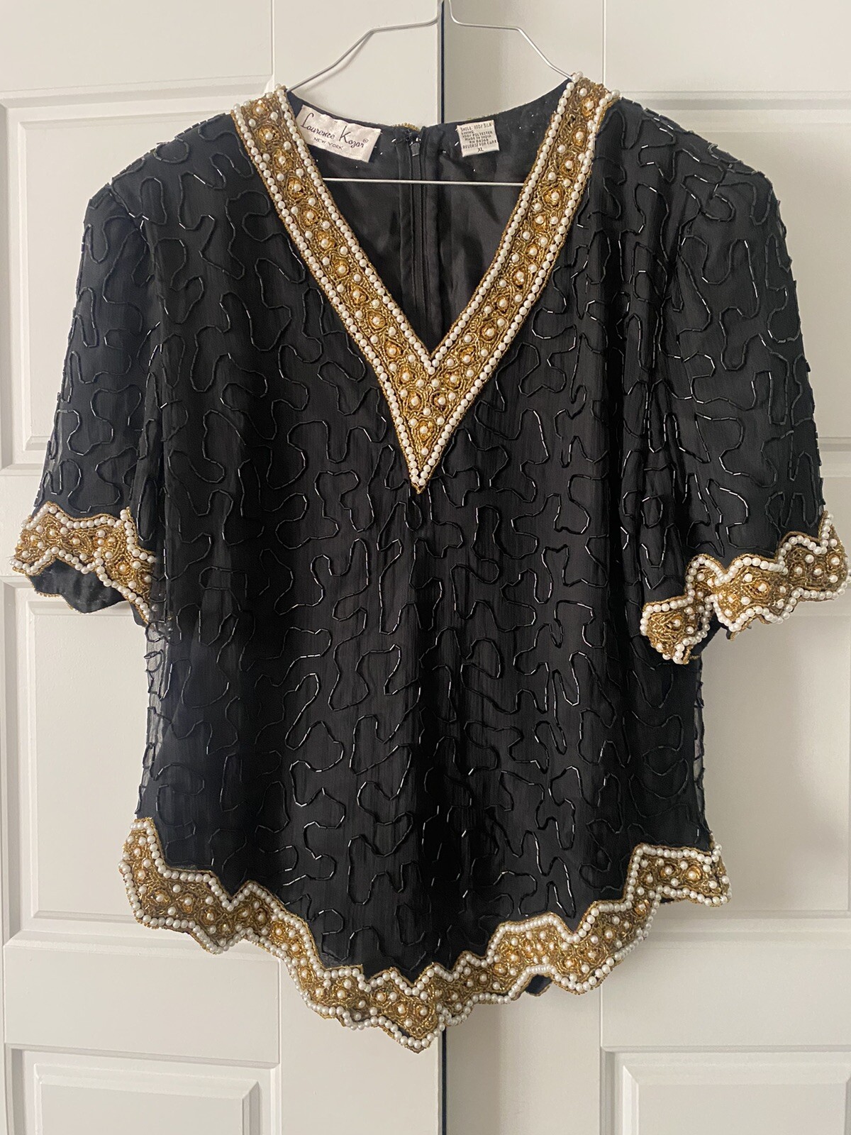Laurence Kazarus Vintage Top, Beaded With Pearls Size XL Black Gold