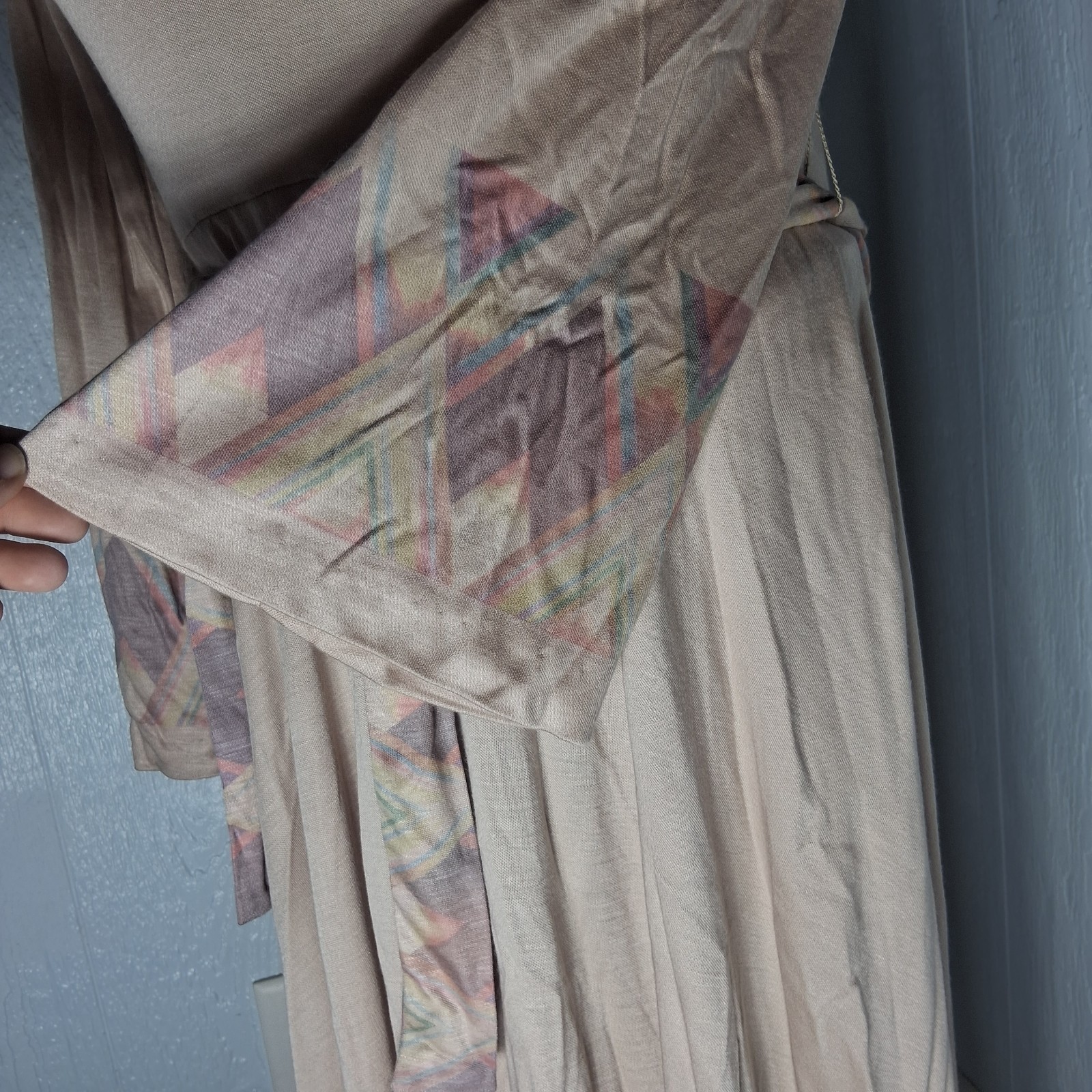 Vintage 70s Midi Bell Sleeve Dress Bohemian Earth Toned Pink Flowy Geometric USA