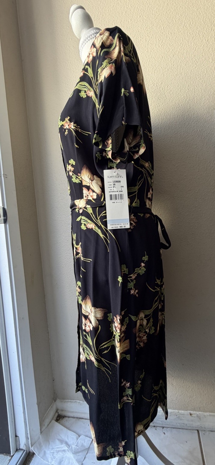 NWT Vintage 90s Karen Kane Rayon Rose Dark Floral Shirt Dress 16 Fits L 12 14