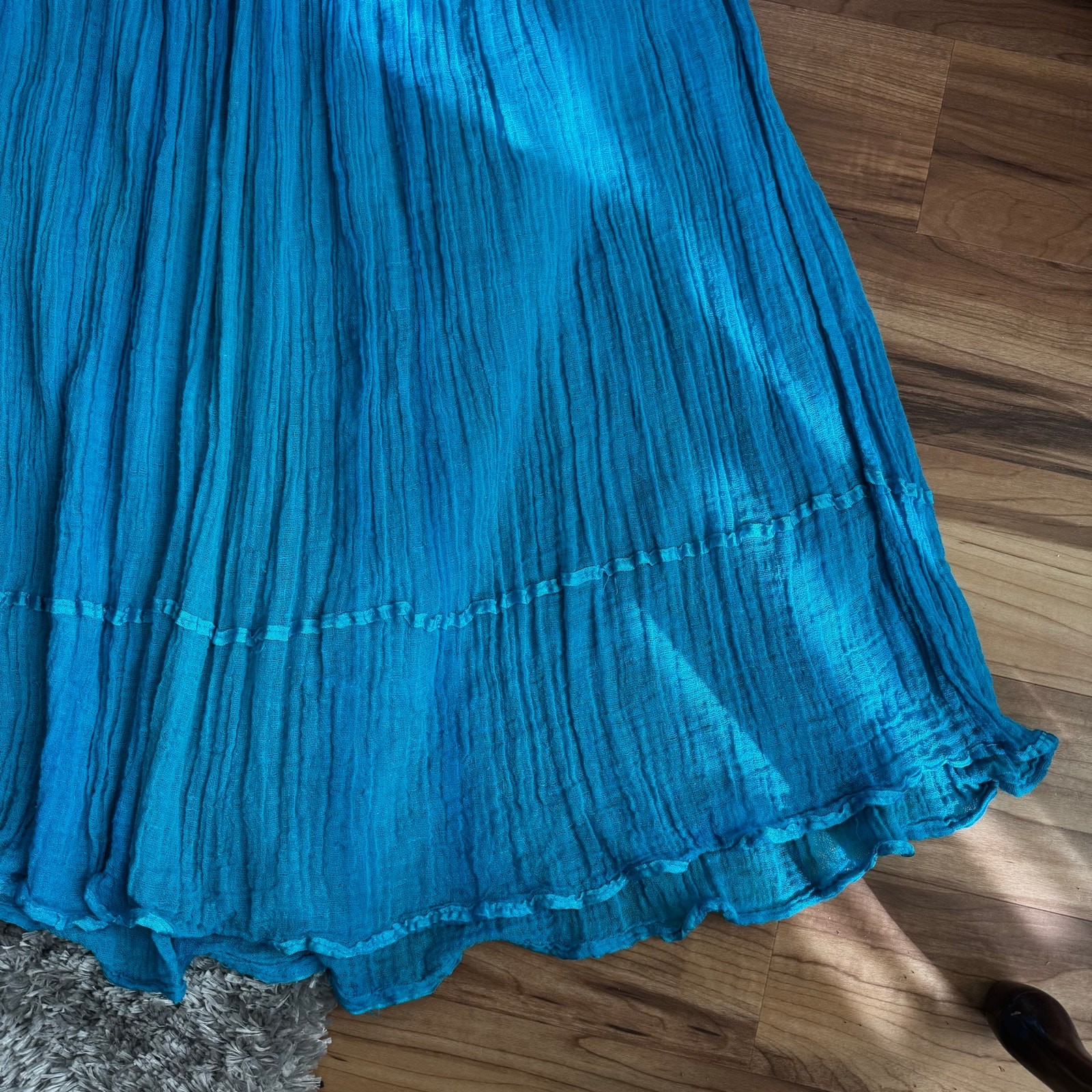VTG 1970s Oaxaca Boho Hippie Turquoise Blue Cotton Gauze Flowy Dress Size S/M