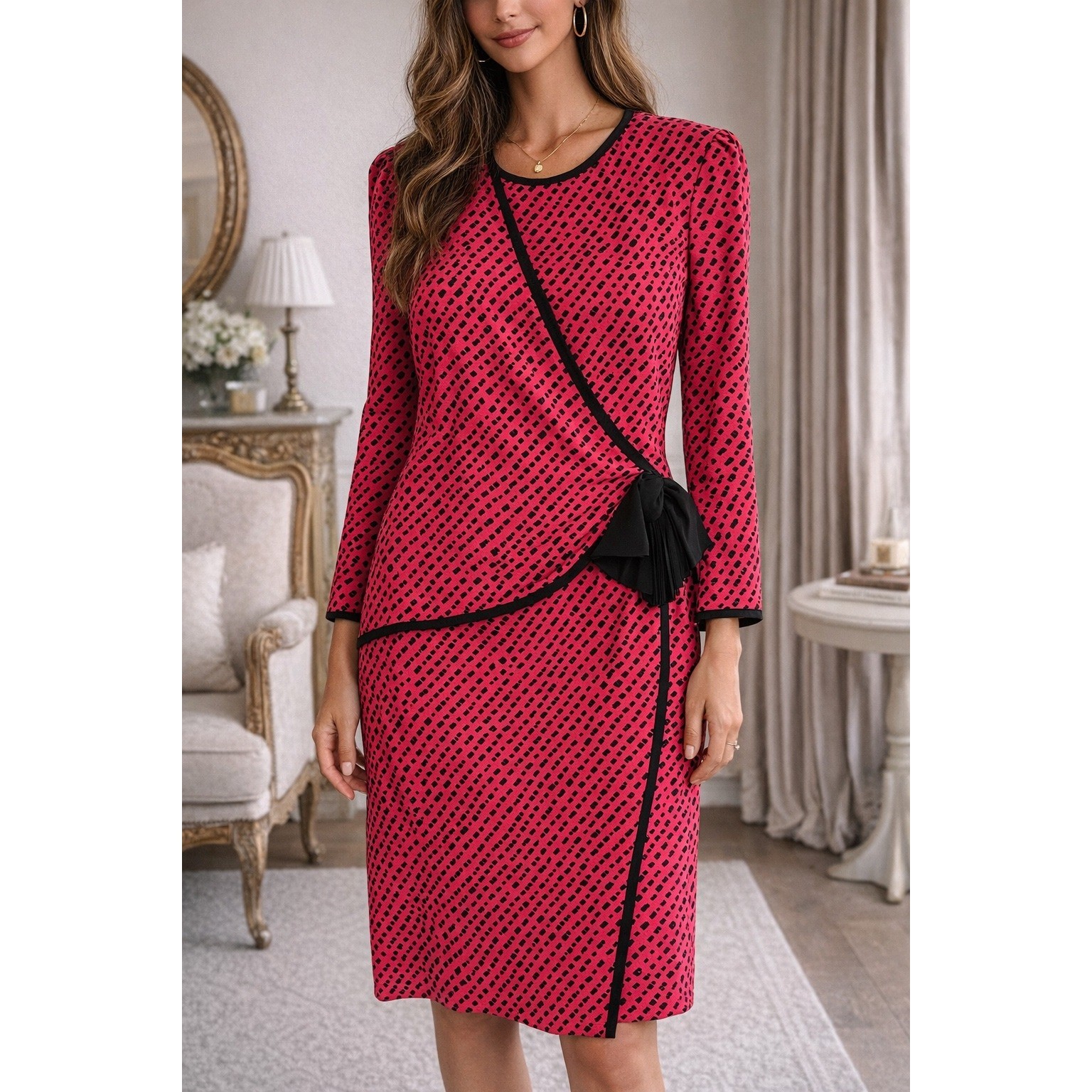 Henry Lee Vintage 80s Red Black Geometric Faux Wrap Dress Rosette Tassel Sz 12