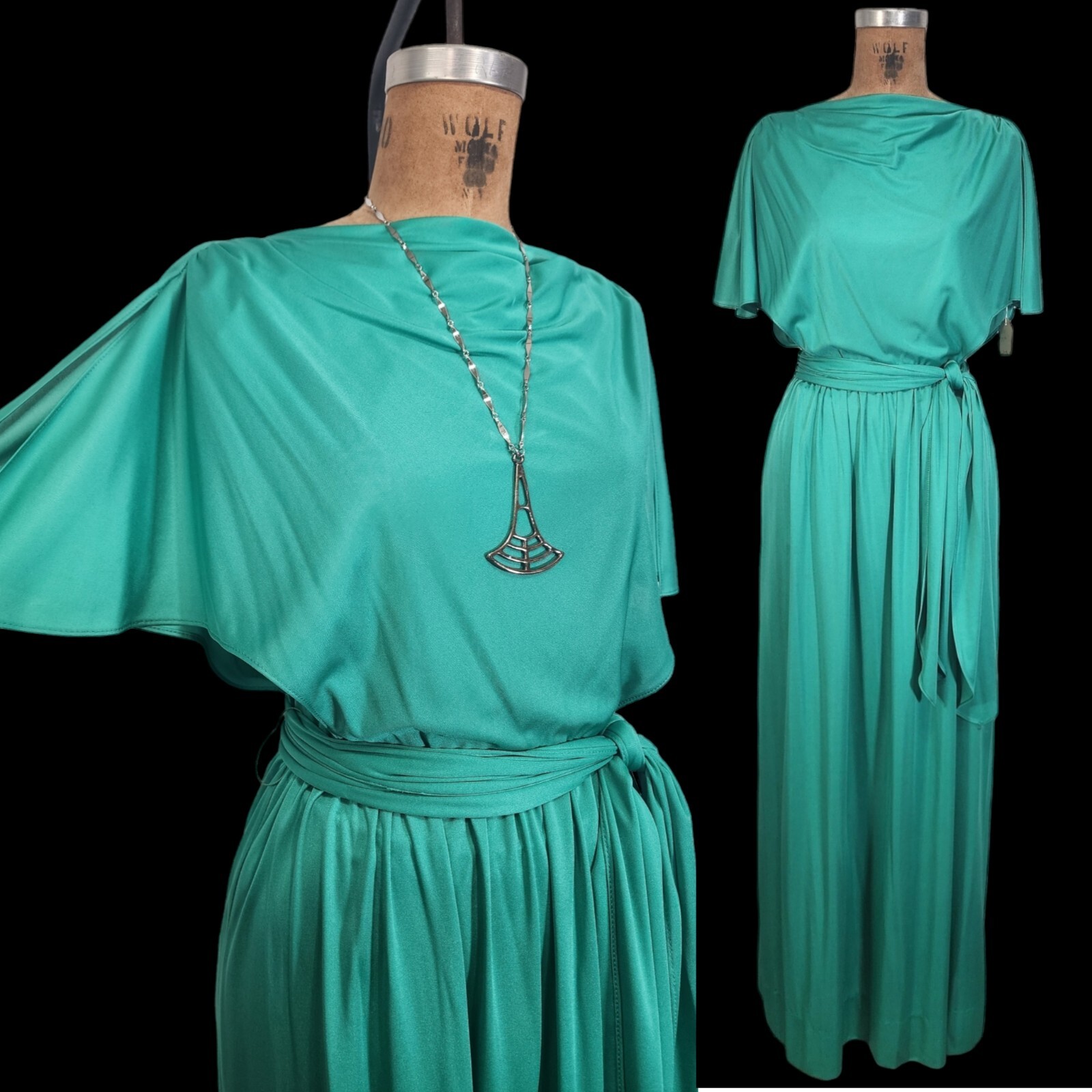 Vtg 70s Maxi Dress S/M Grecian Green Dress Cut Flutter Sleeve Boho Hippie Belted