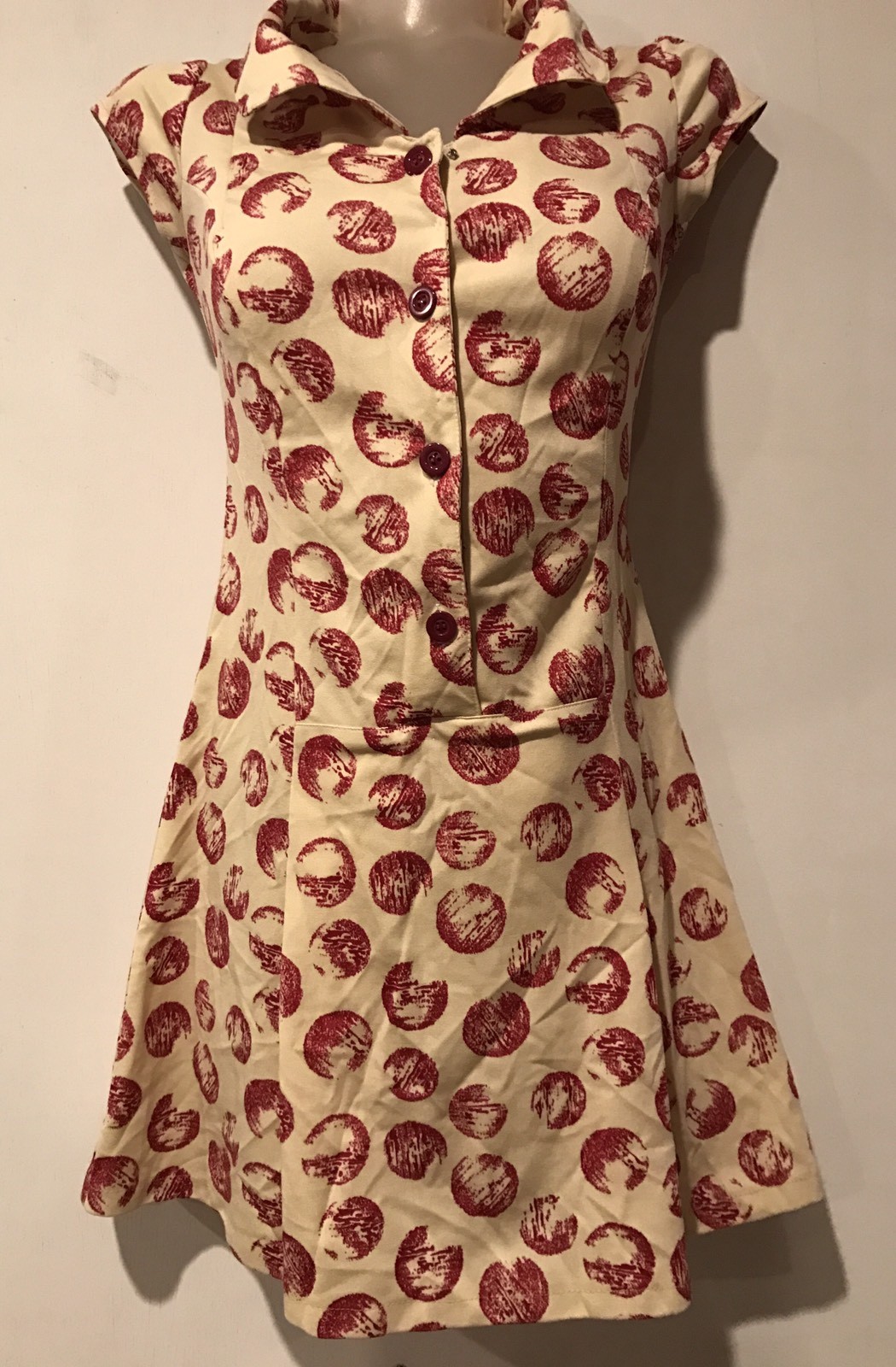 vintage 60’s stretchy walnut polka dot kawaii A line skater MOD mini dress S / M