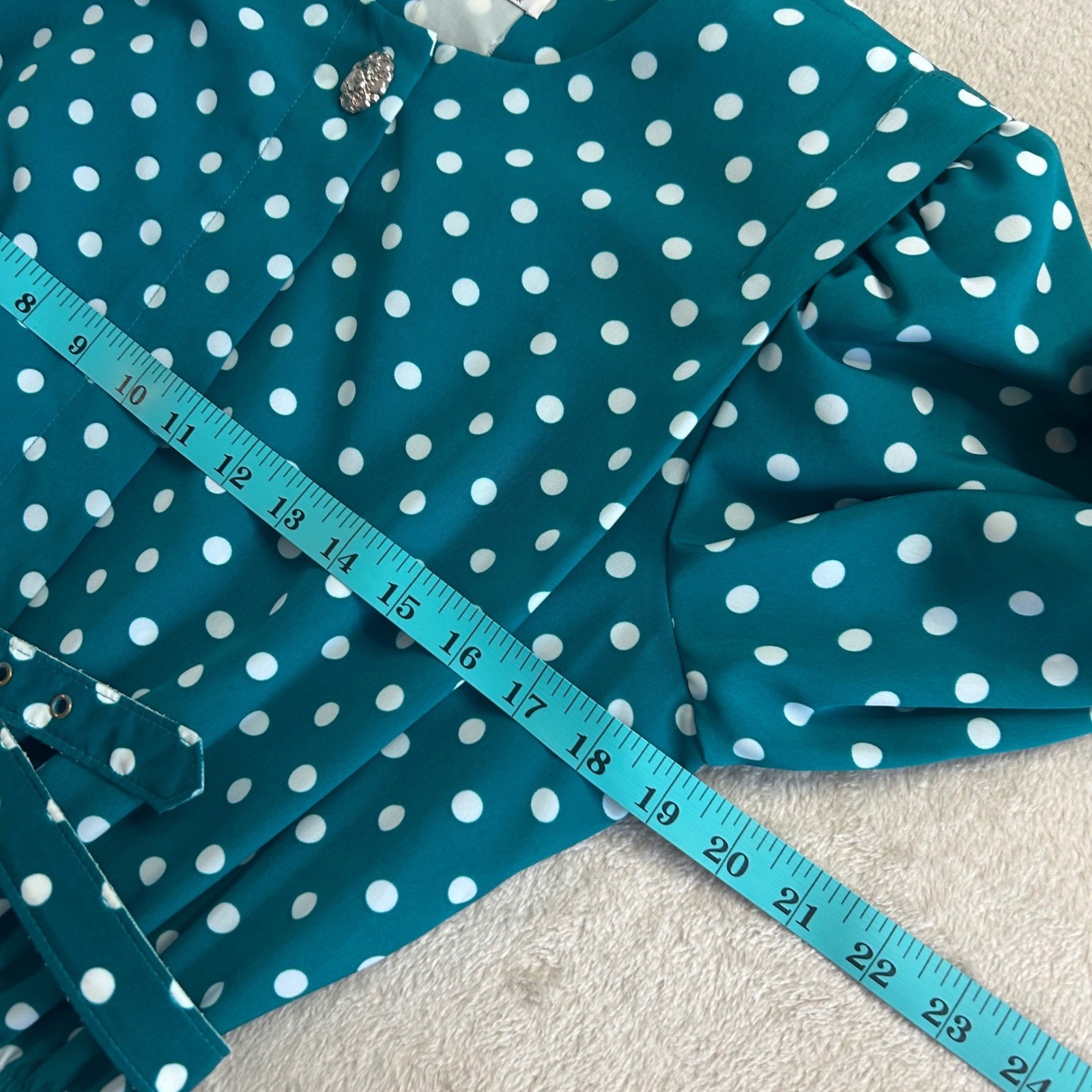 Vintage S/M 80s Lady Carol Petite Teal White Polka Dot Pleated Dress Belted Midi
