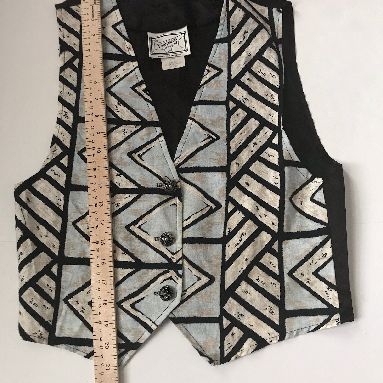 VTG Vest S Linen Western Art Deco Metal Button Rodeo Boho Fantaseas Menswear USA