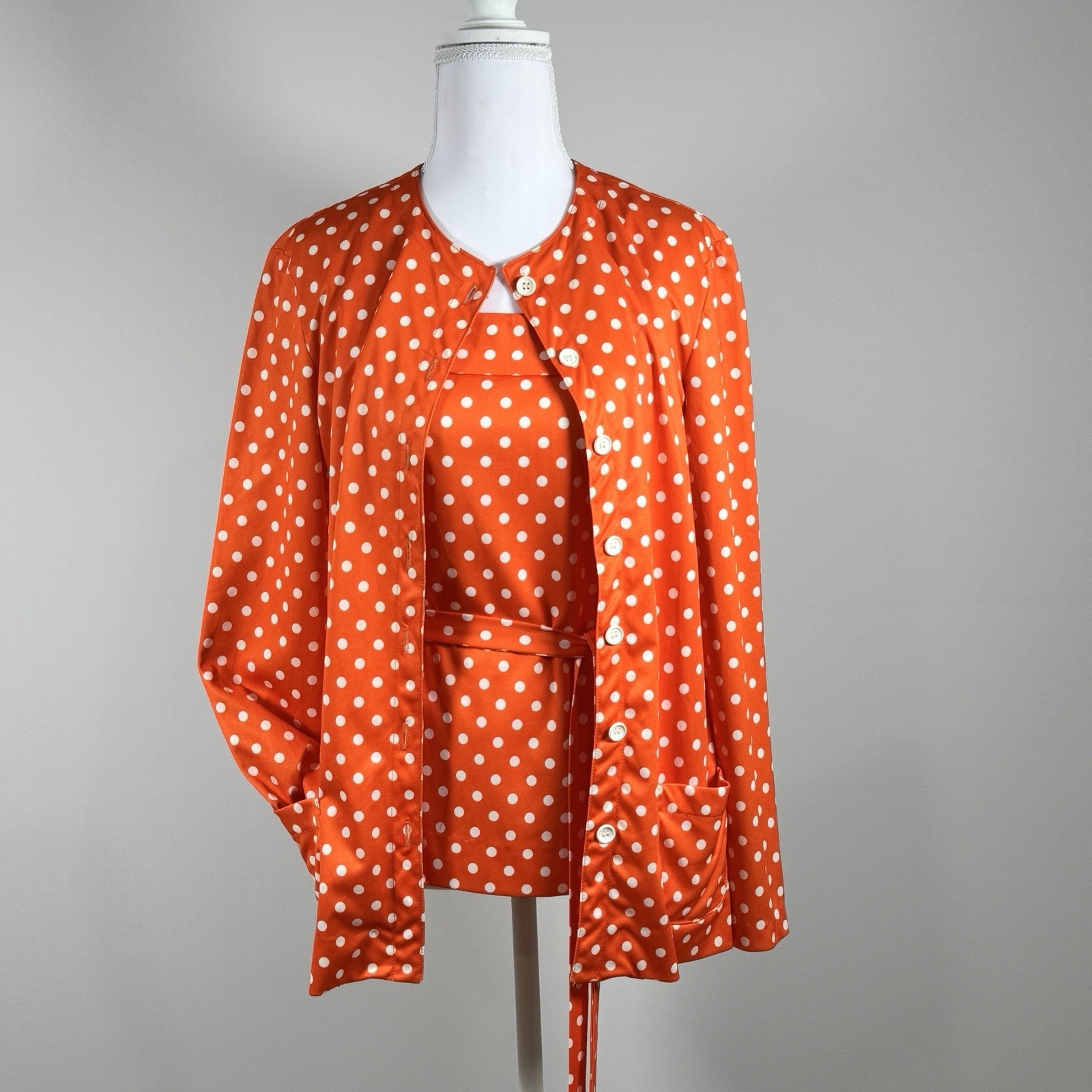 Vintage Polka Dot 2 Piece Set Orange Blouse Camisole Belt Retro Pin Up S