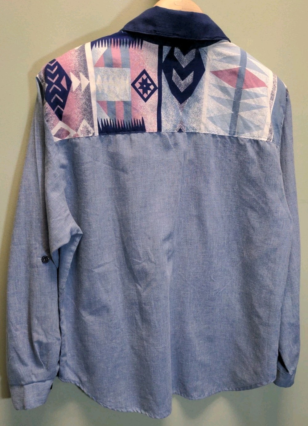 Vintage Tapestry Brand*Large* Western Print Button Up Chambray Top EUC*Sh. Pads