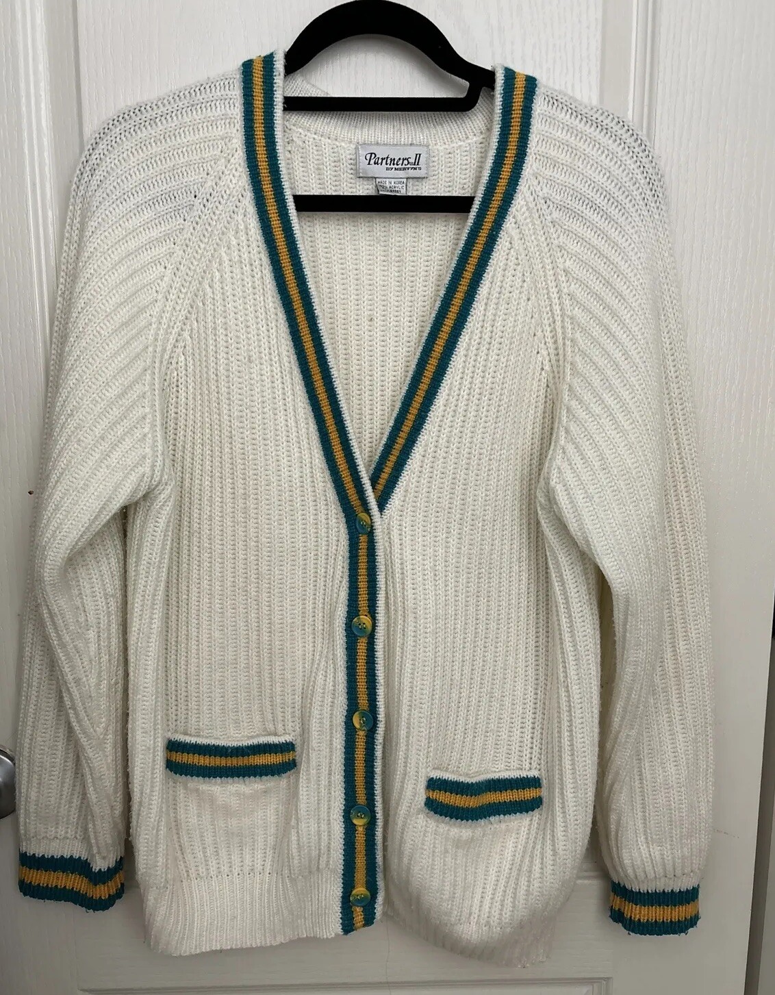 Vintage 80s Cardigan Sweater White Green Gold V Neck Pockets Preppy Woman’s 22W