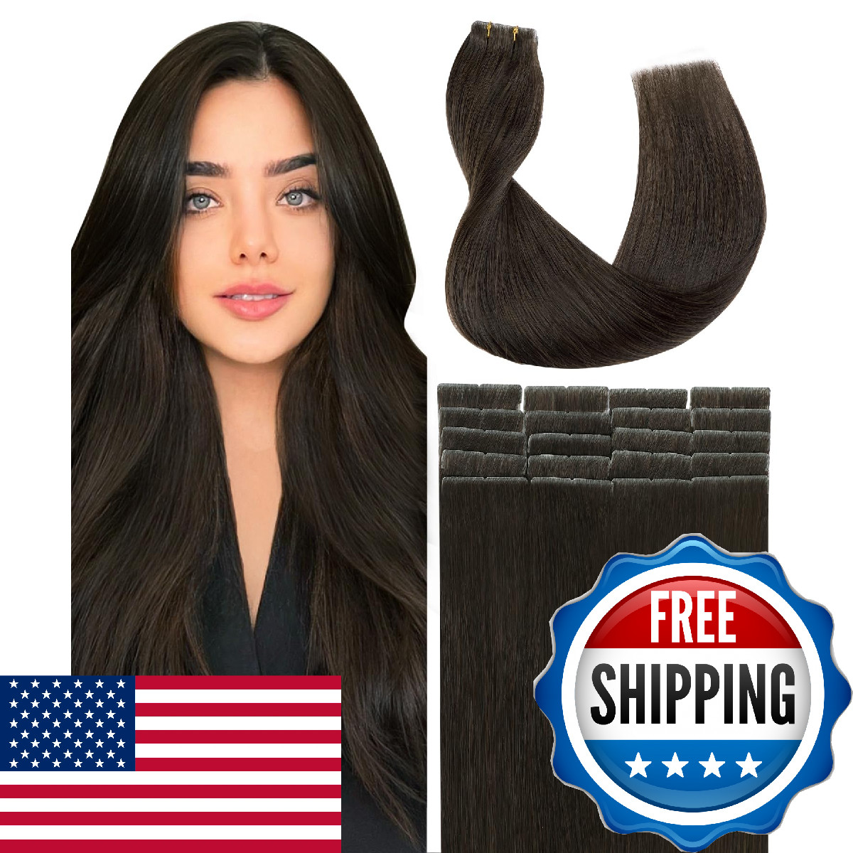 SURNEL 14in Darkest Brown Tape-In Hair Extensions 20 Pcs Human Hair Invisible Ta