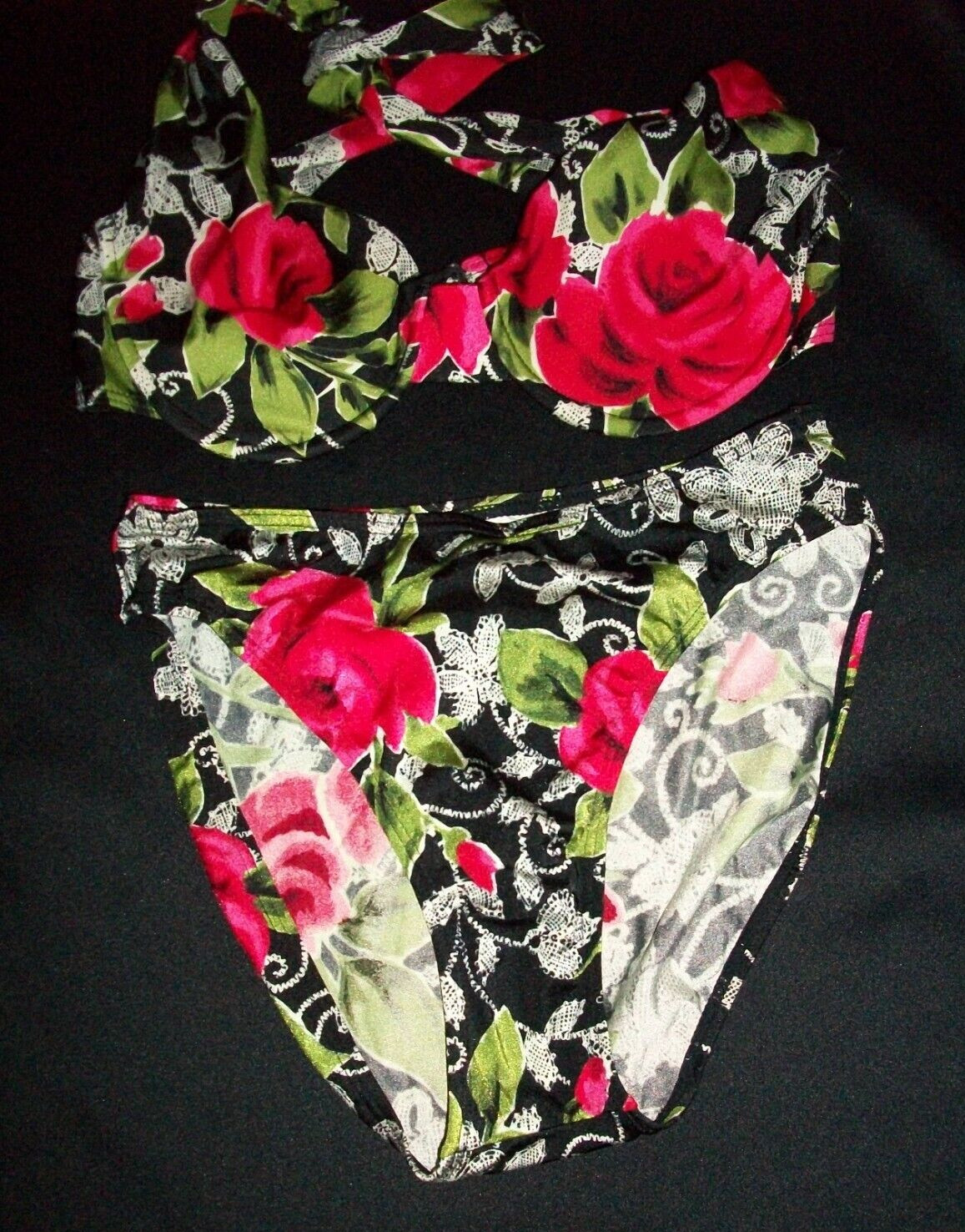 Vtg Newport News Black Rose Nylon Halter Bra Bikini 10