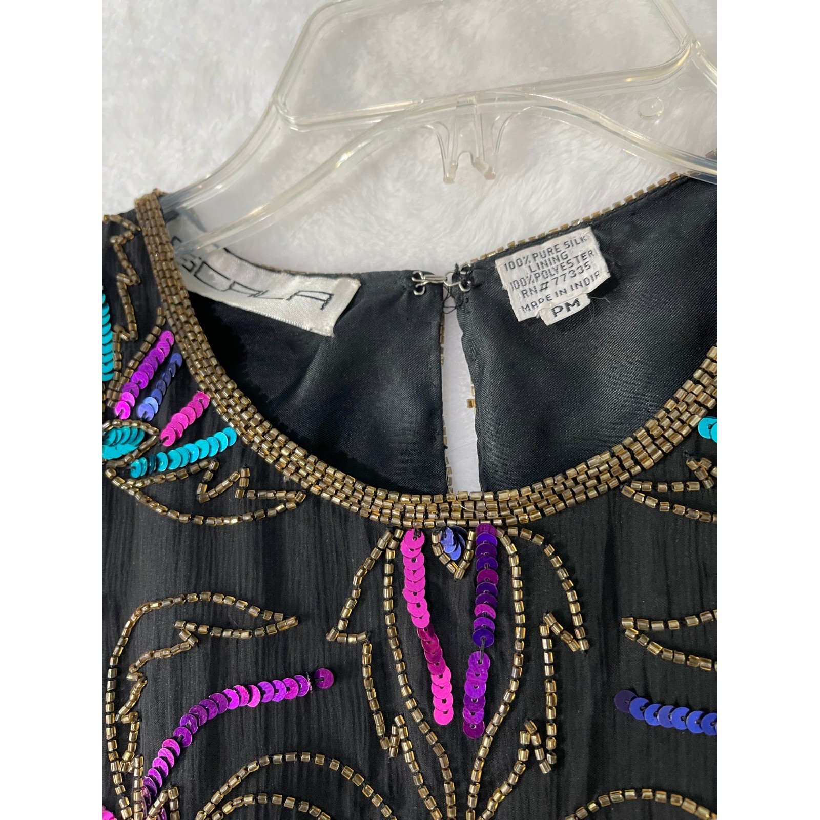 Vtg Scala Vintage Silk Beaded Sequin Blouse Black Teal Floral Scalloped PM
